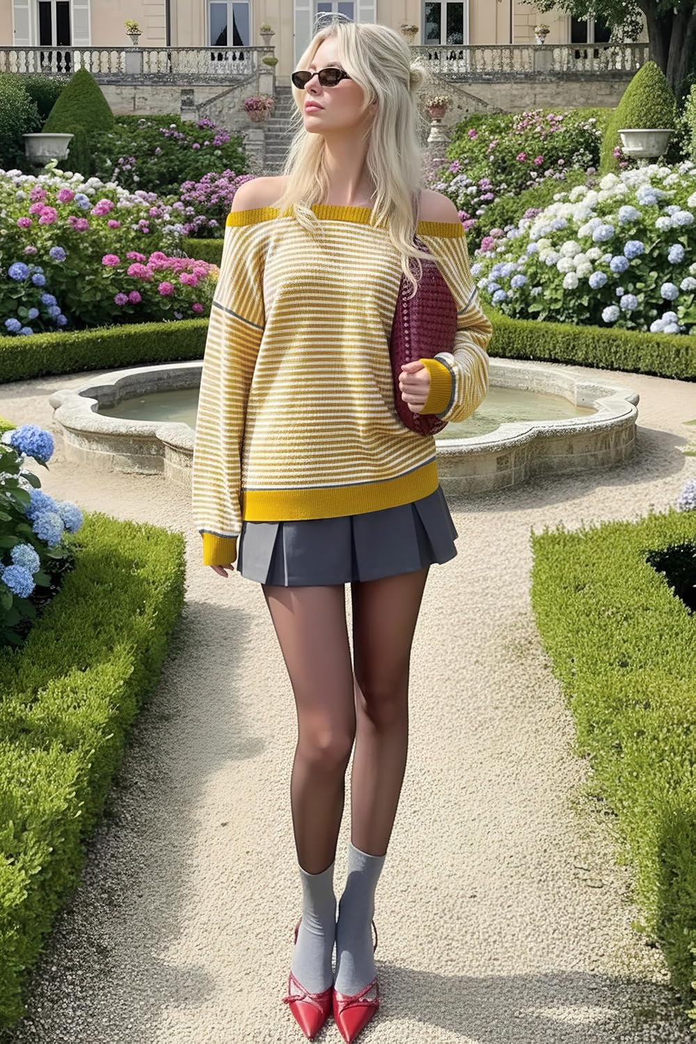 Soesdemo Womens Oversized Sweater Off The Shoulder Crewneck Striped Cute Long Sleeve Knitted Pullover Tunic Sweaters - Image 6