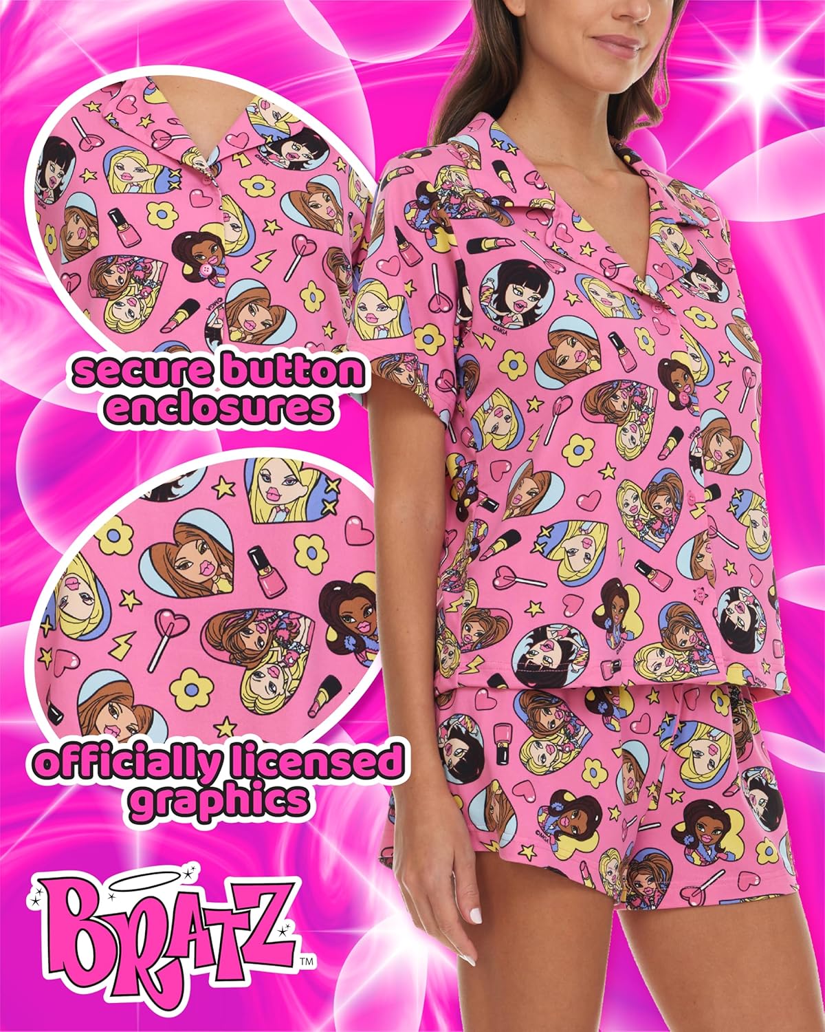 COCO BRANDS Womens Pajama Sets - 2 Piece Bratz Soft Stretch Button Down Sleep Shirt and Pajama Shorts Sets for Women (S-XL) - Image 2