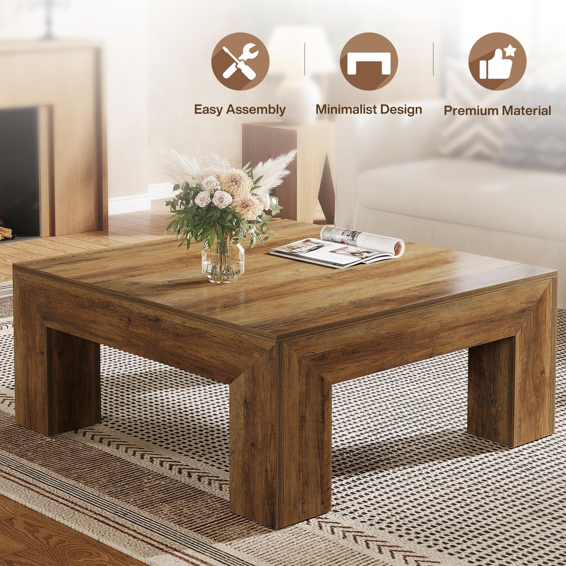 Tribesigns Mesa de Centro, Mesa Auxiliar para Salón o Comedor Sala de Estar Balcón Oficina, 100 x100 x 50 cm, Mesa de Centro Cuadrada con Patas de Madera Resistentes, Marrón Rústico