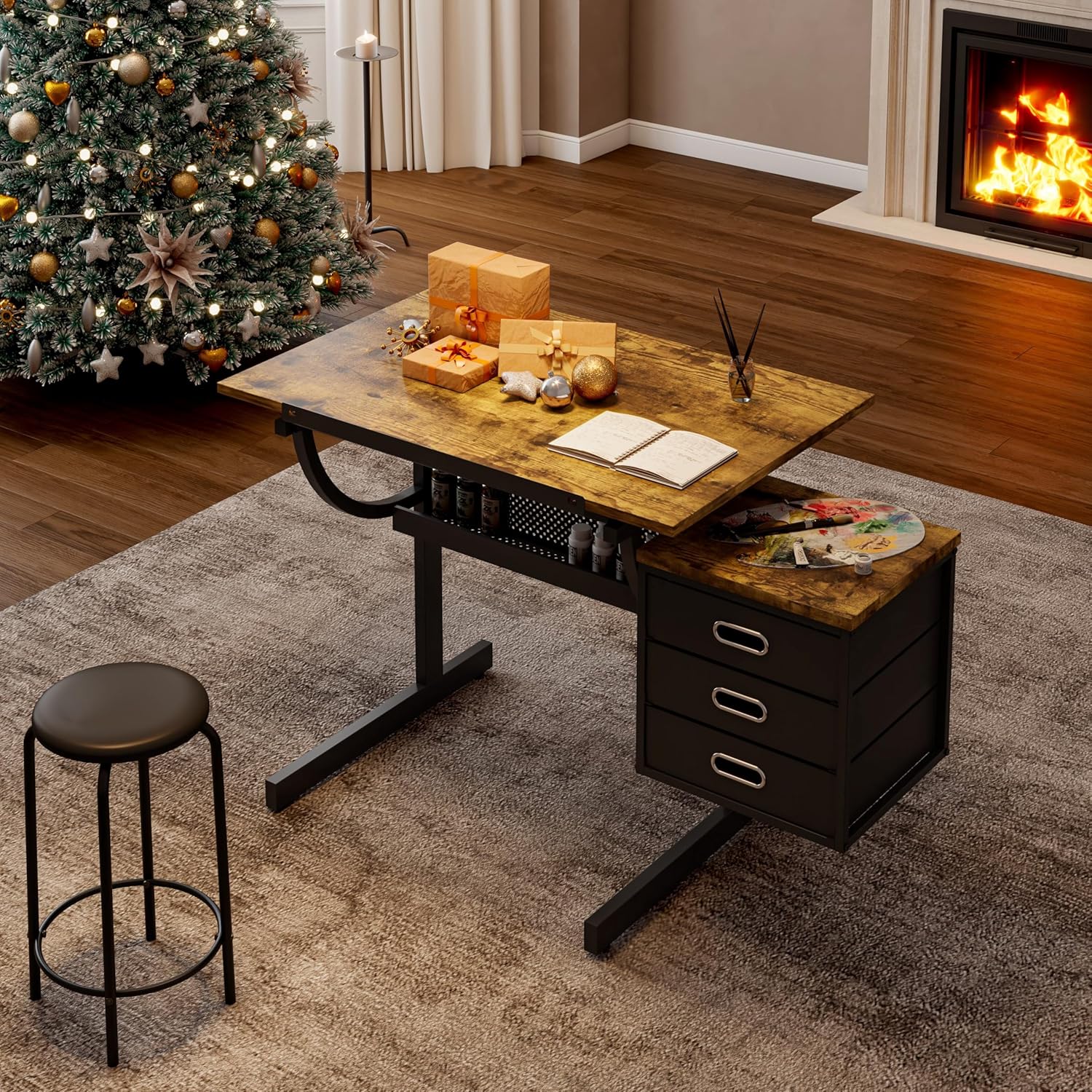 GDFStudio Adjustable Craft Table with Stool & 3 Storage Drawers, Tilting Art Drafting Table for Crafting Drawing Writing, Diamond Painting Desk Workstation for Artists Home Office School, Rustic Brown