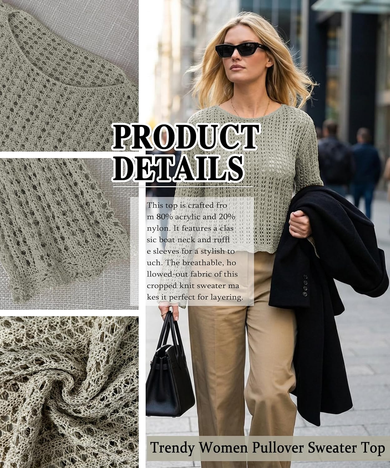 Women's Crochet Pullover Sweaters Cover Up Soft Hollow Out Cropped Beach Swim Coverup, Boat Neck Long Sleeve Tops