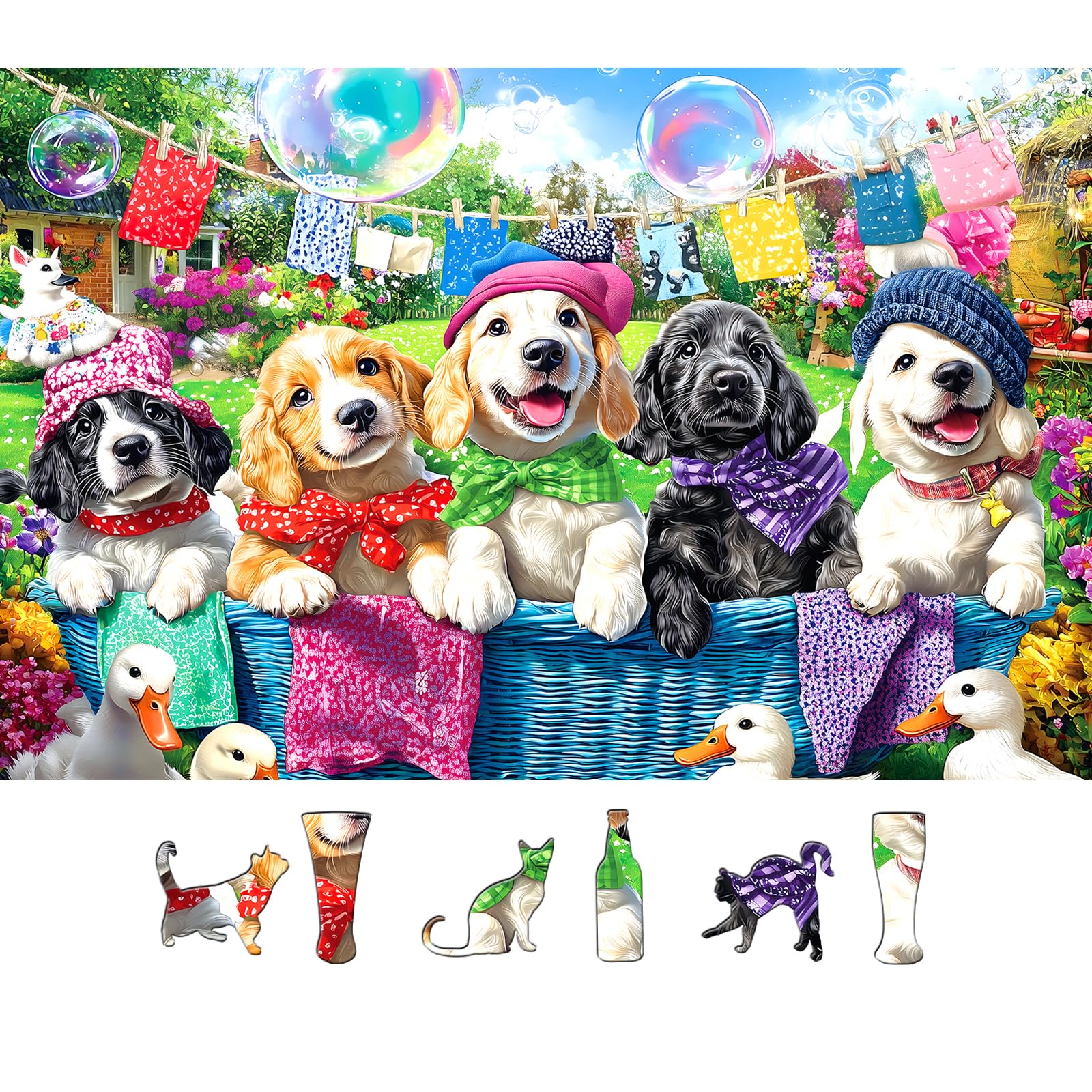 Laundry Day Dogs 500 Piece Jigsaw Puzzle for Adults Colorful Garden Scene with Puppies Animal Puzzle with Letters on Back Fun &amp; Relaxing Gift for Seniors, Family, Adults (23”x15”)