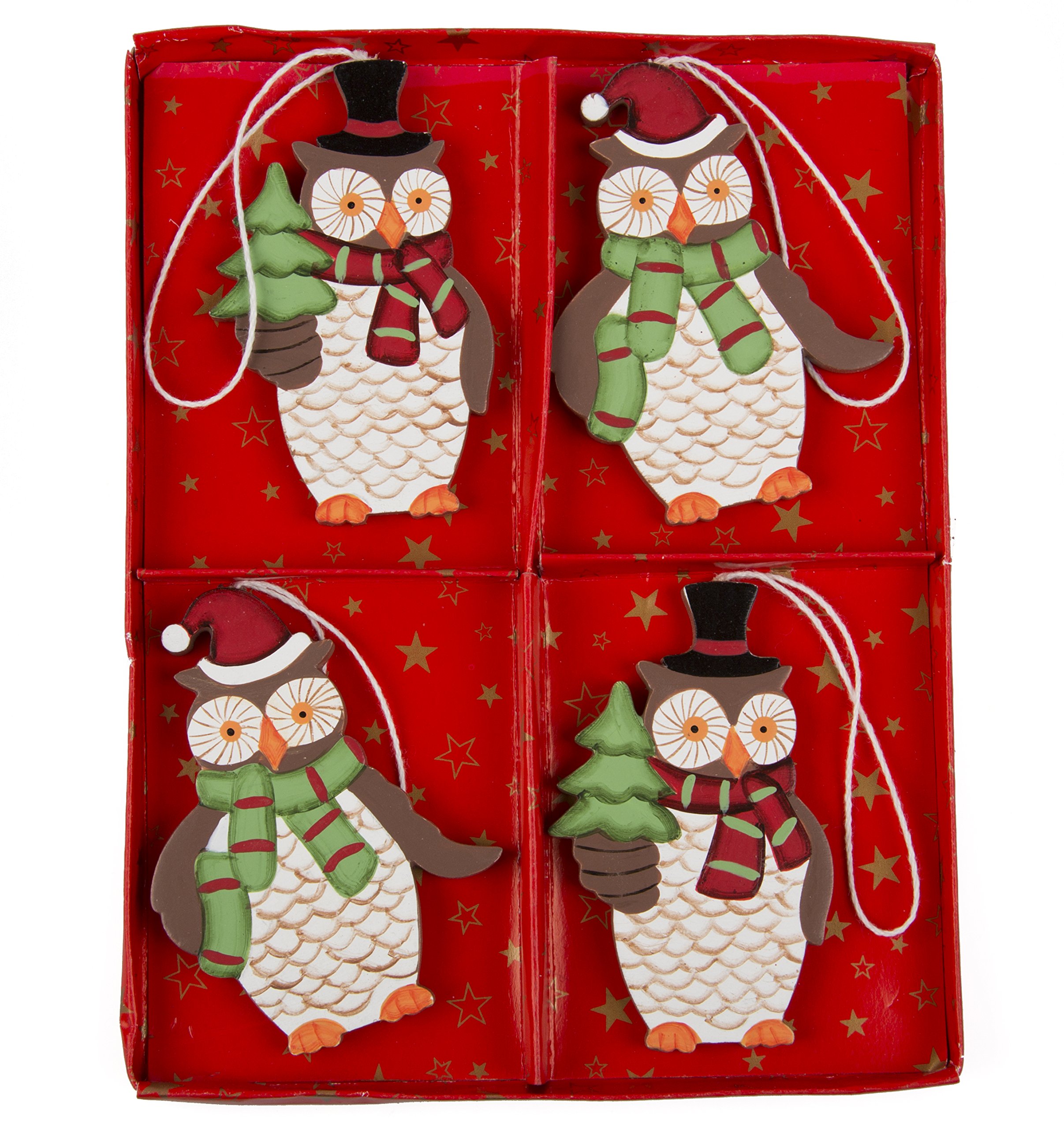 Sass & Belle Multi-Colour Owl With Scarf Wooden Decoration, Set Of 4,