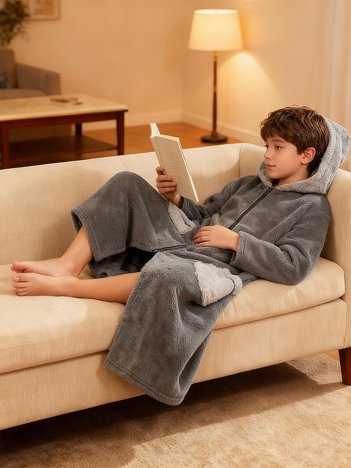 Funnycokid Boys Bathrobe Zipper Kids Soft Fleece Hooded Robe 7-14 Years - Image 4