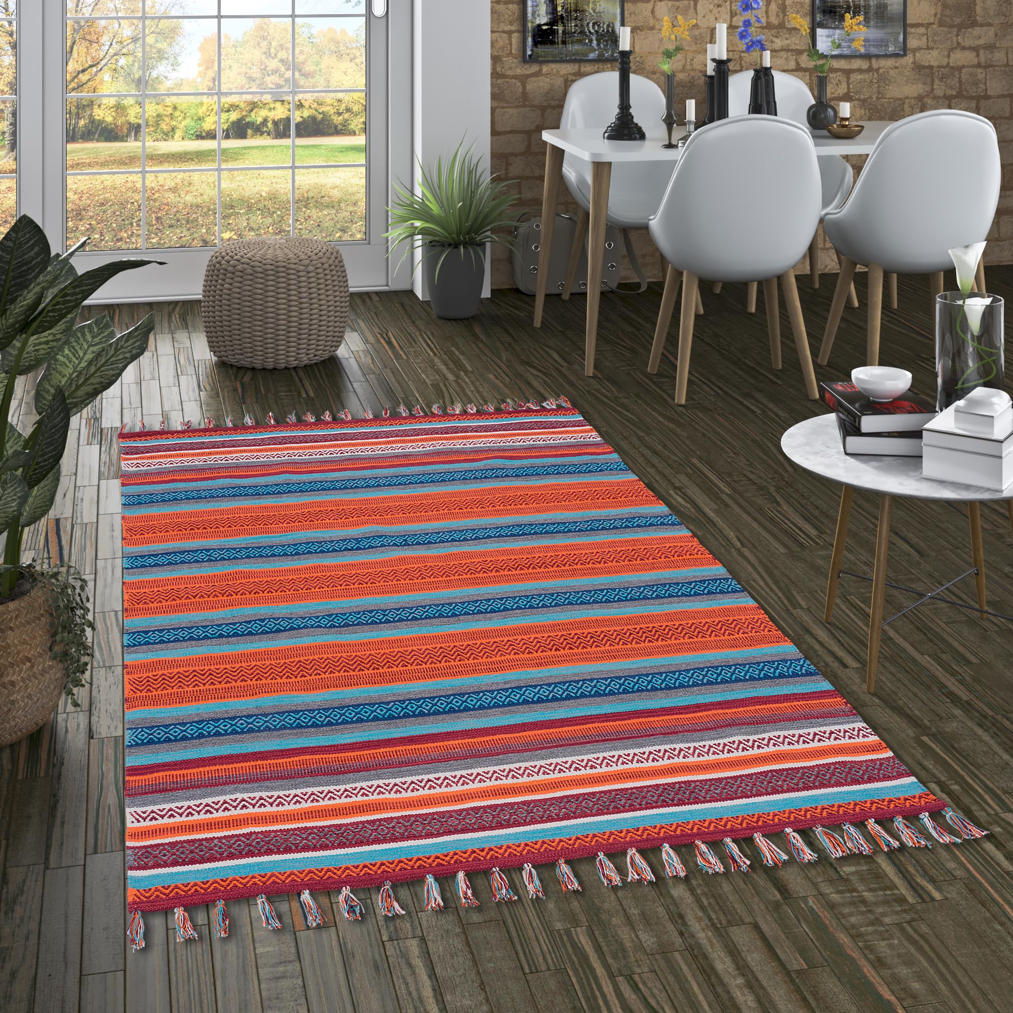 Pergamon Tapis Kilim en Coton tissé à la Main Grace - Multicolore Turquoise Terre Cuite - Tapis Facile d'entretien et Durable - Idéal pour Le Salon, Le Couloir et la Cuisine - Tapis Naturel Durable