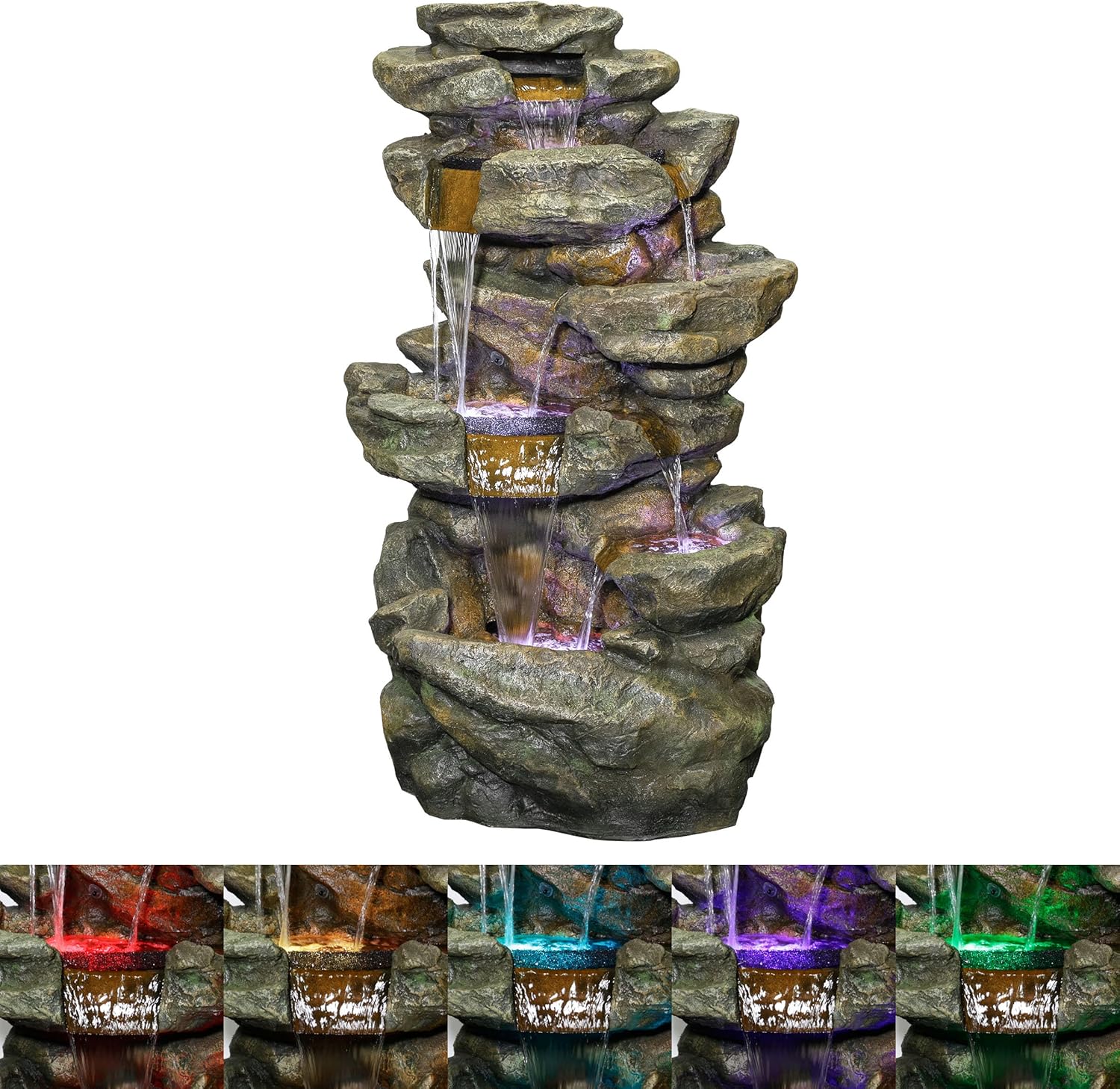 Alpine Corporation 51" Tall 6-Tier Outdoor Rainforest Waterfall Floor Fountain, Weather-Resistant Design with Color-Changing LED Lights & Remote Control, Gray
