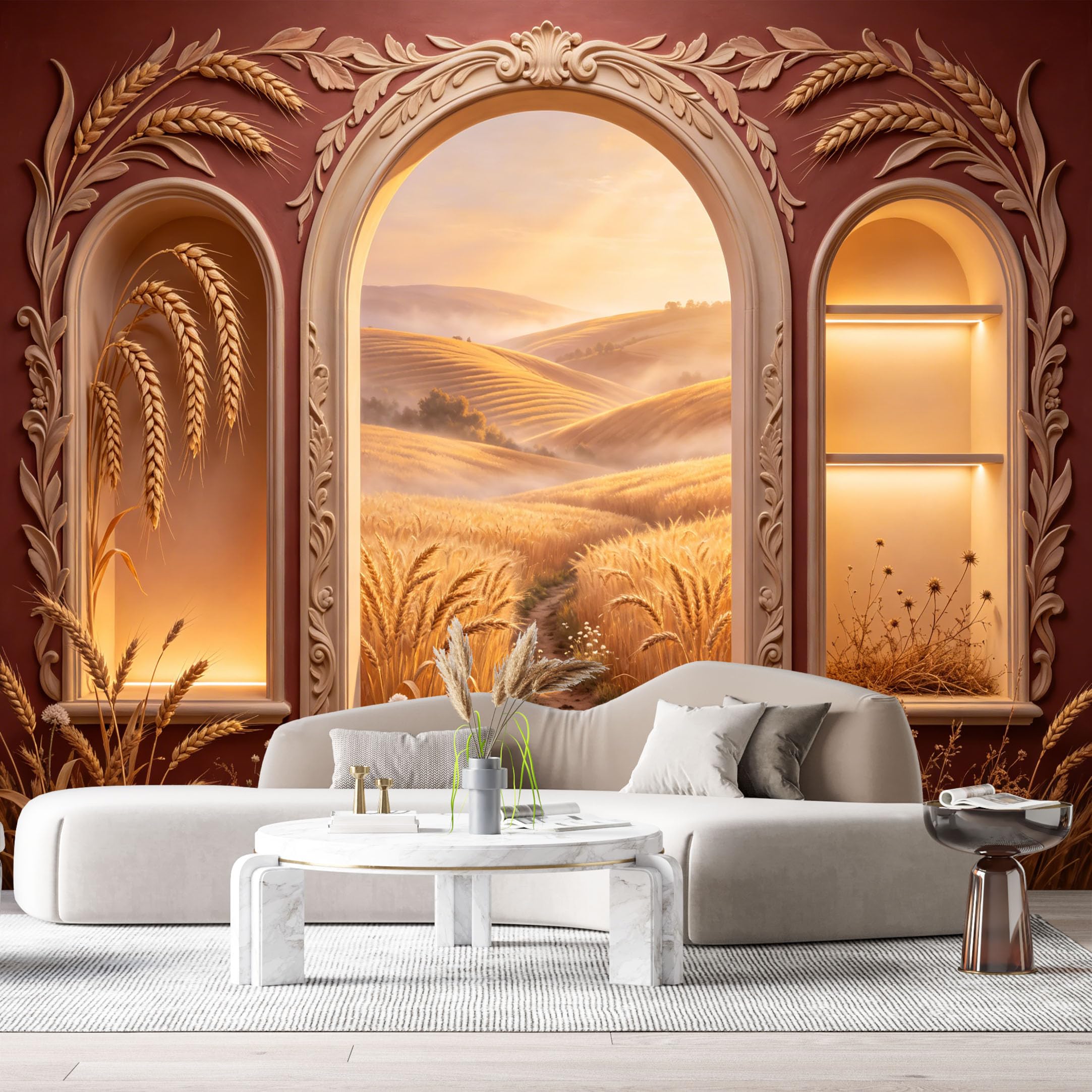 Custom Size Wall Murals Farmhouse Wheat Field Landscape 3D Trompe L'Oeil SelfAdhesiveWall Fabric Removable Wallpaper Wall Decor for Living Room Bedroom Bathroom