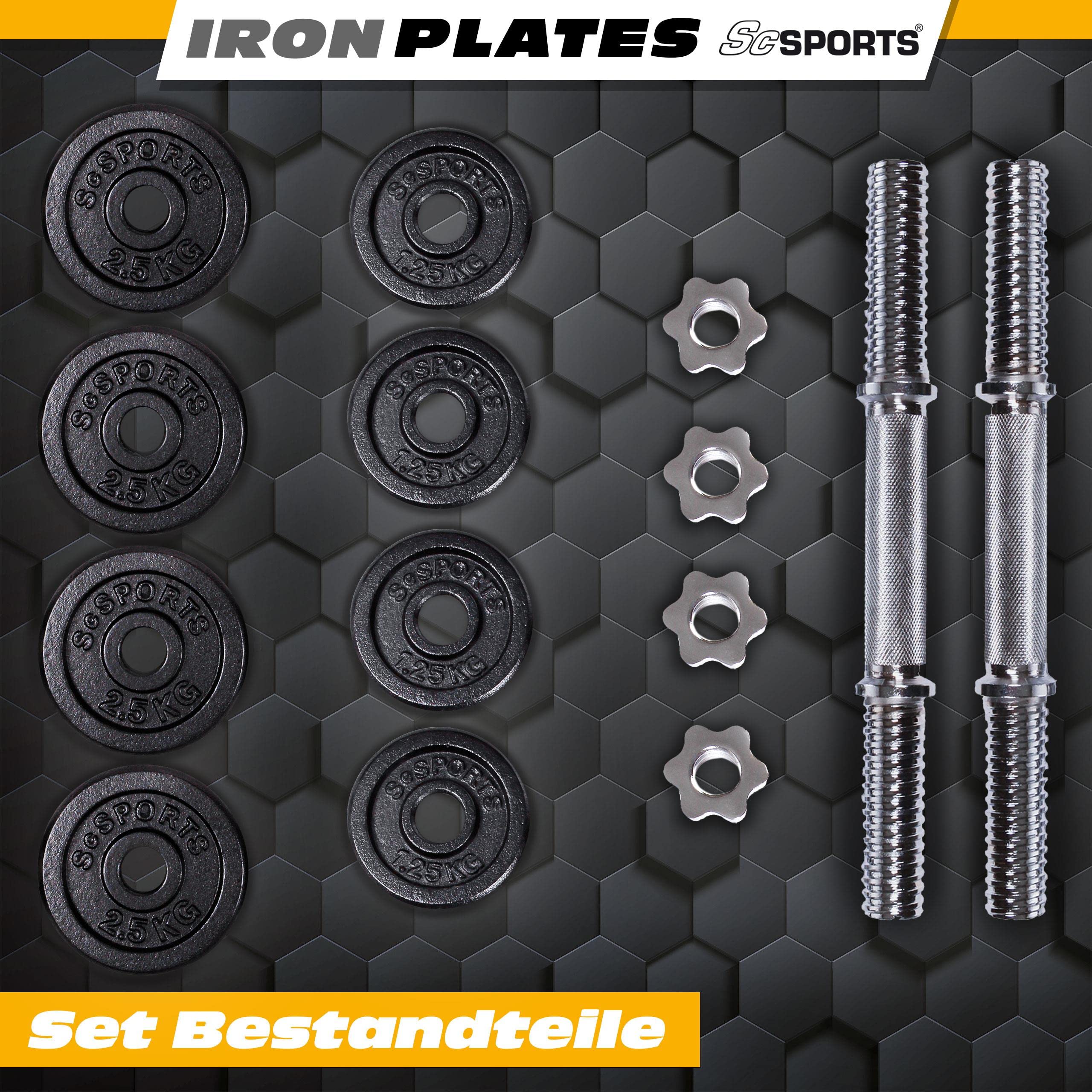 ScSPORTS® - Set di manubri Corti con Valigetta, 20 kg, 2 manubri da 30 mm e 8 Dischi (4 da 2,5 kg e 4 da 1,25 kg), manubri in Acciaio e Pesi in ghisa
