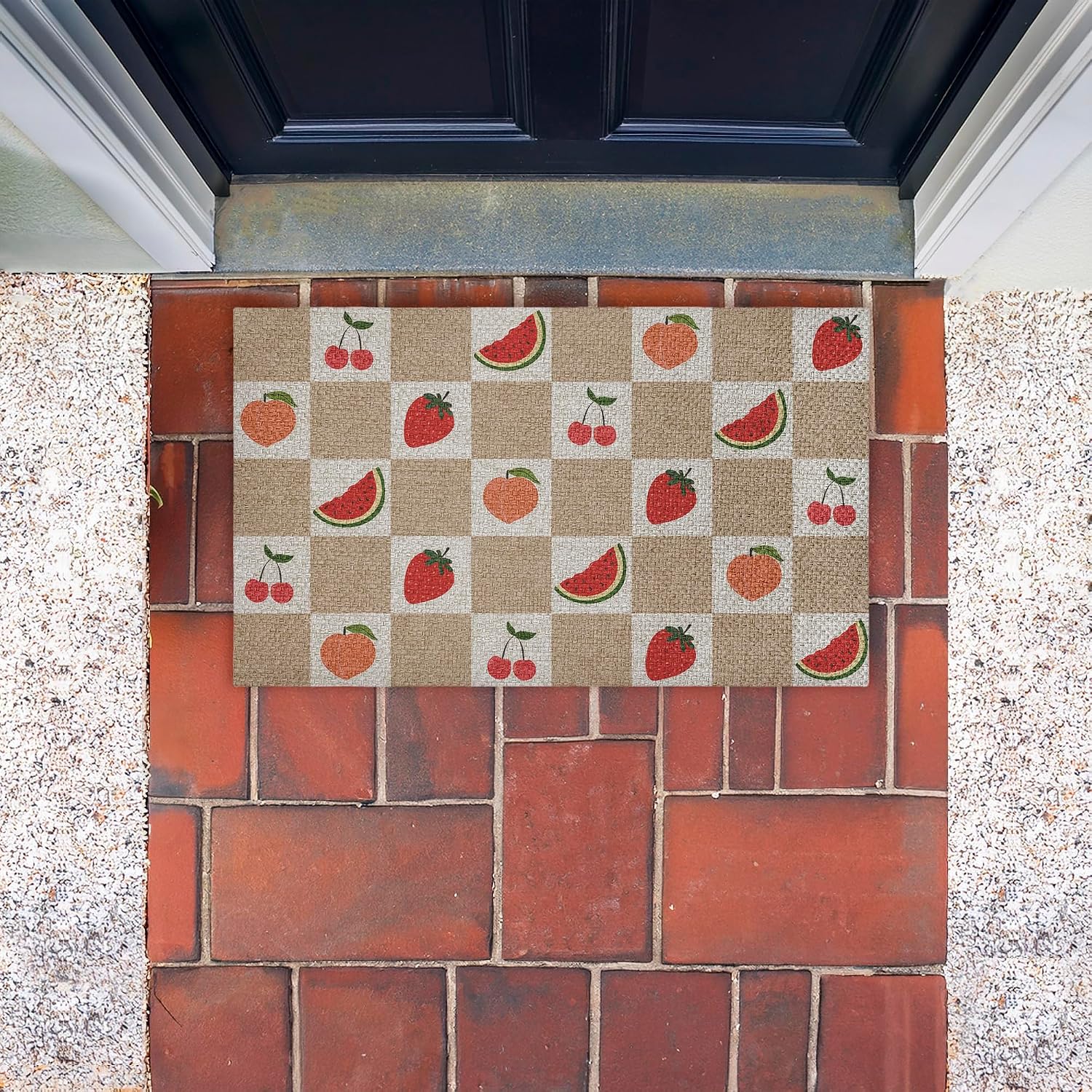 Stupell Industries Soft Fruits Checkered Outdoor Door Mat, Durable Non-Slip Woven Natural Texture Mat with Recycled Rubber Backing, Weather-Resistant Farm Fresh Produce Design by Lil' Rue, 18"x30"