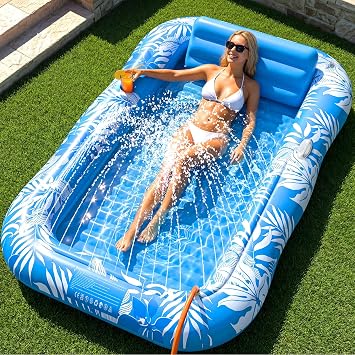 Inflatable Tanning Pool Float for Adults with Sprinkler, Pillow & Cup Holder, 77" x 48" Oversized Pool Lounger for Backyard, Pool & Beach, Blue