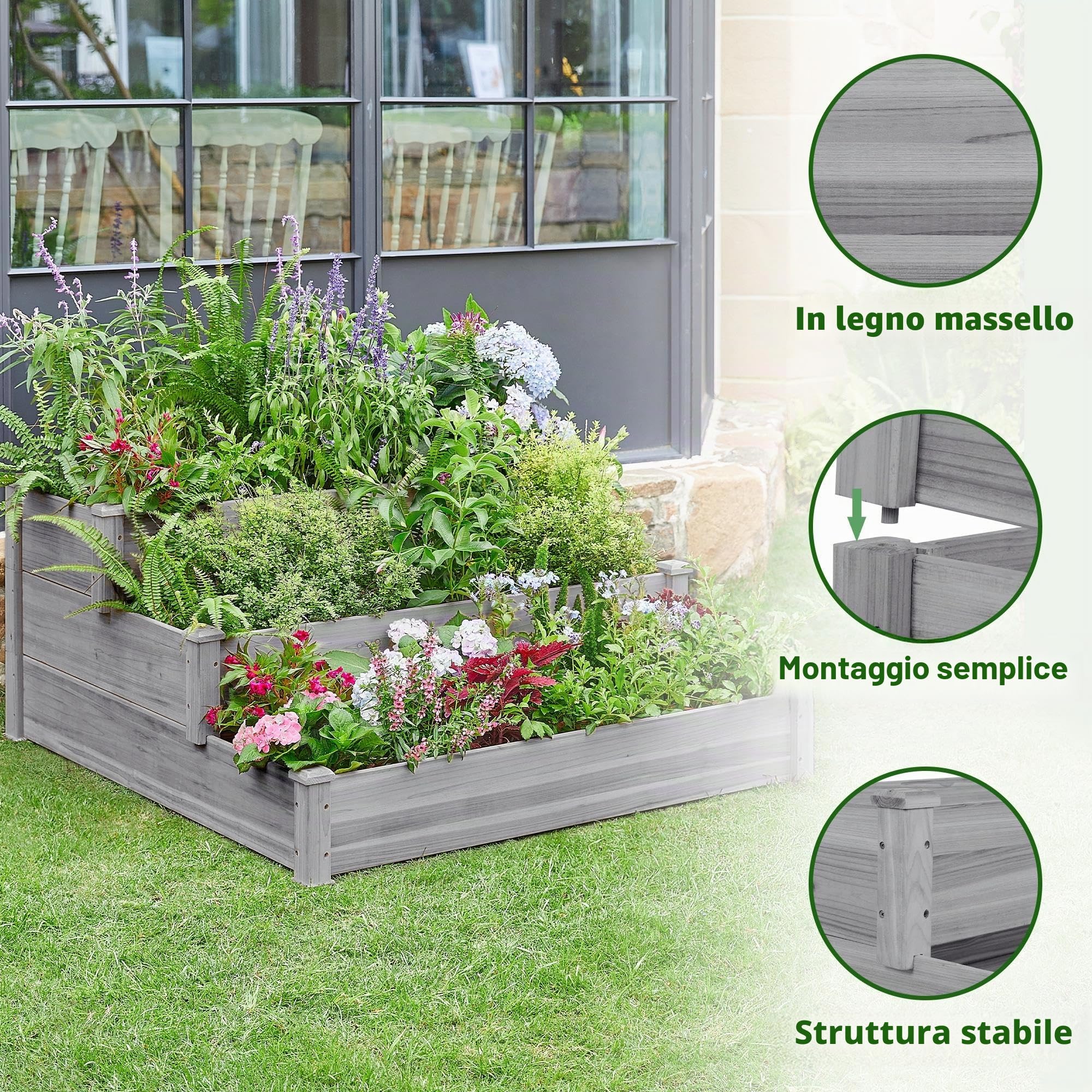Yaheetech Letto Orto Rialzato da Giardino Etserno Interno Grande a 3 Livelli Aiuola Rialzata Vasca per Piante in Legno 120 x 120 x 56 cm Grigio