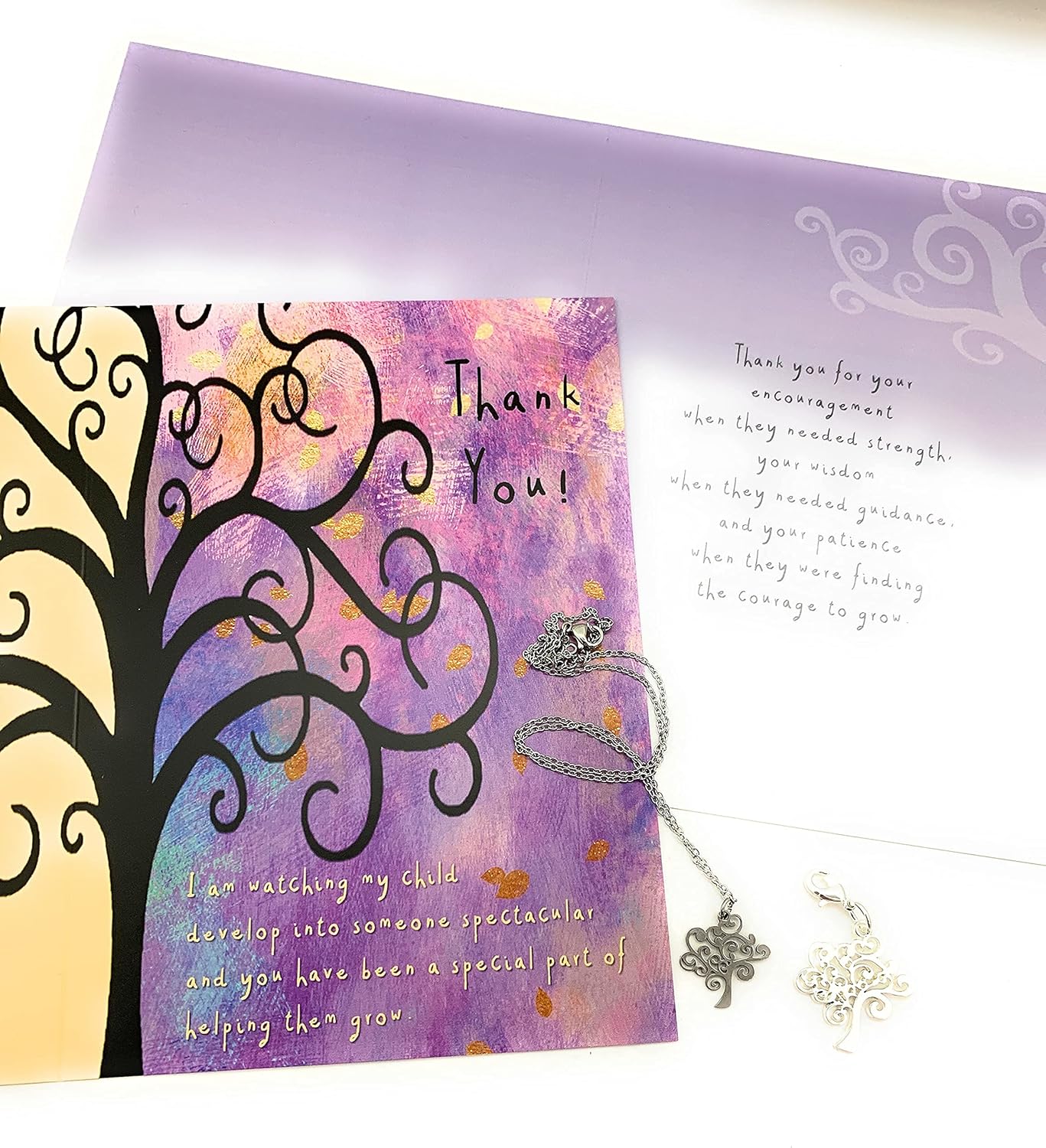 Smiling Wisdom | Thank You Teacher Mentor Appreciation Greeting Card | Growing Tree Charm and Keepsake Necklace Gift Set | From Parent | Silver Tree, Purple Card