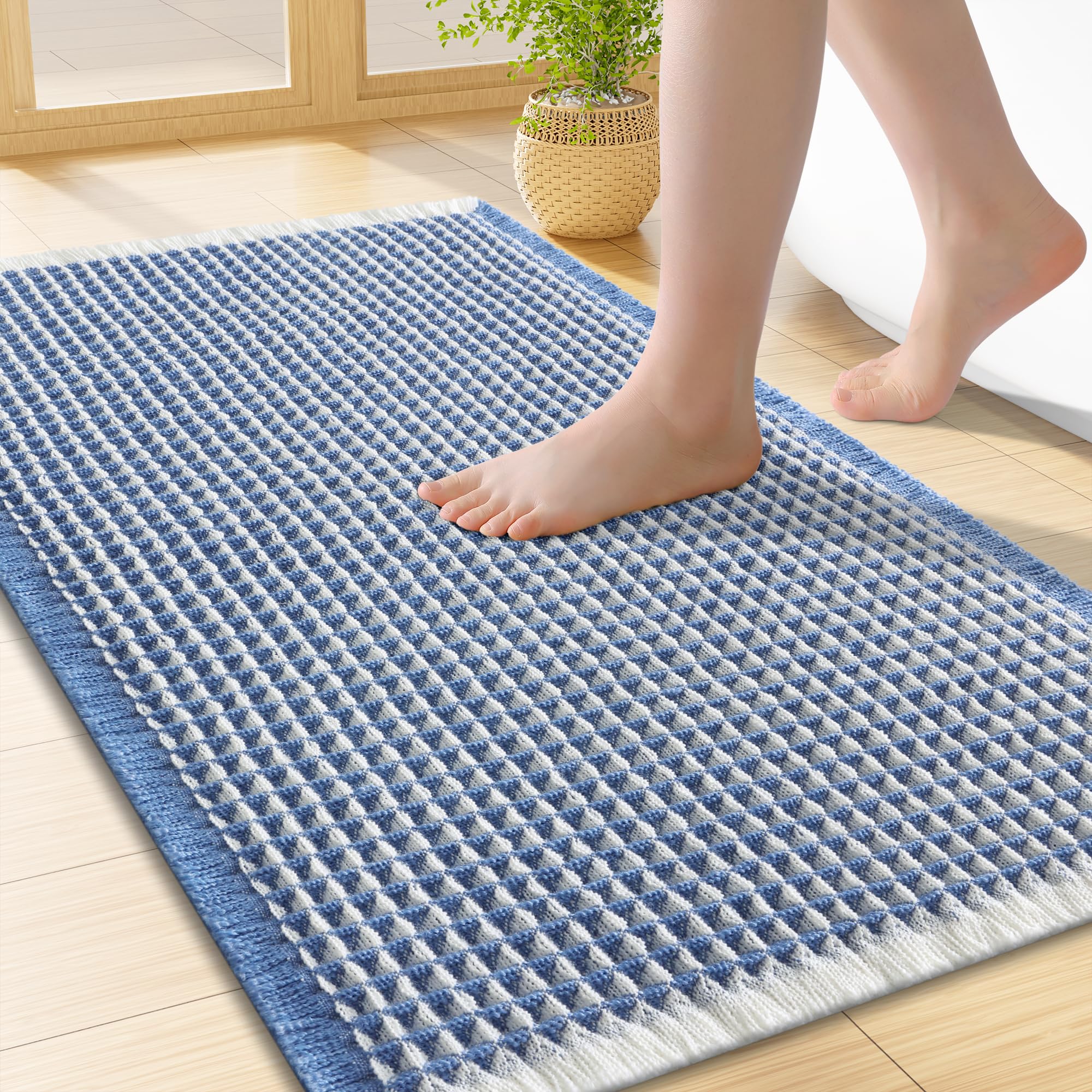 Smiry Waffle Bath Mat 24X16, Soft Absorbent Bathroom Rugs, Blue &amp; Cream