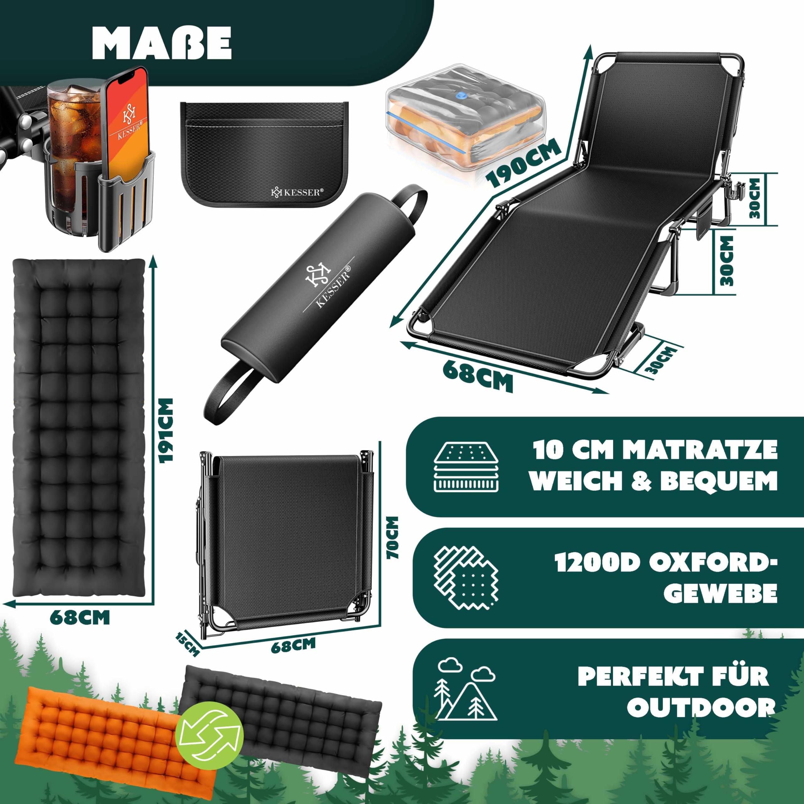 KESSER Lit de camping pliable, 190 x 68 x 30 cm, charge maximale jusqu'à 250 kg, en tissu Oxford et cadre en acier robuste + sac de transport, coussin cervical, poche latérale et porte-boisson