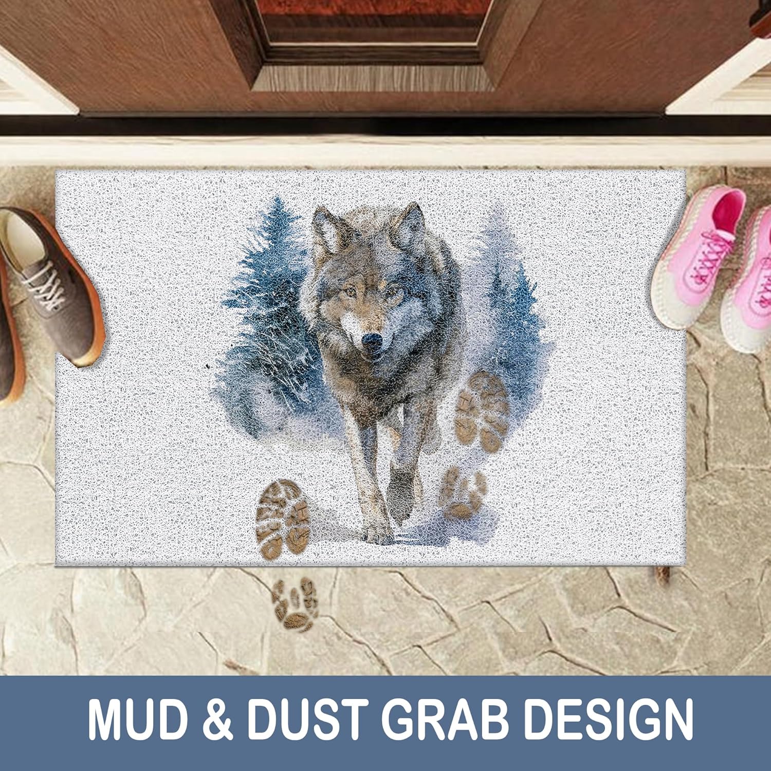 Gray Wolf Door Mat, Wolf Lover Gifts Doormat Non-Slip for Front Door Porch Indoor Outside Entrance Entryway, Animal Lover Gifts for Women Men, Forest Wild Animal Welcome Mat, 17x30 Inch