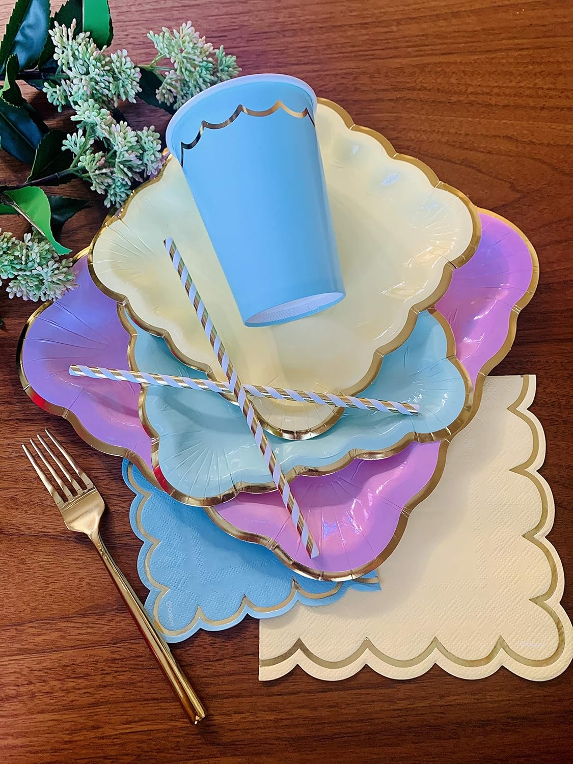 Oojami Scalloped Pastel Party Supplies Set for 24 – Disposable Plates, Cups & Napkins, 10" Dinner Plates, 7" Dessert Plates, 12 oz Cups – Elegant Tableware for Birthday, Baby Shower, Easter, Tea Party