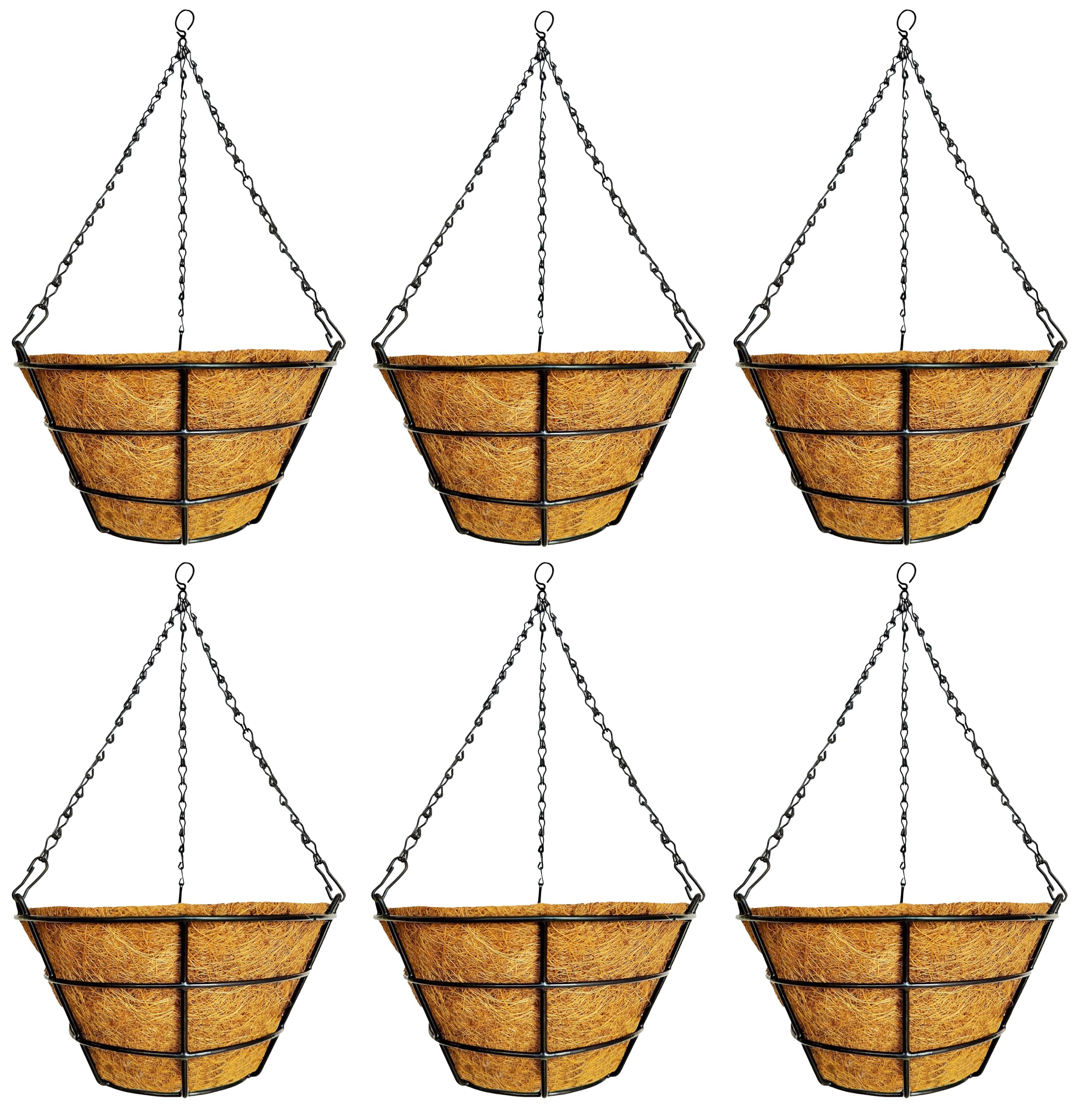 GARDEN KING 10 INCH Coir Hanging Basket with Chain, Flat Base Hanging Basket for Home and Garden, Coconut Coir Hanging pots with Coco Liner (25x25x12.5 cm, 6 Pc)