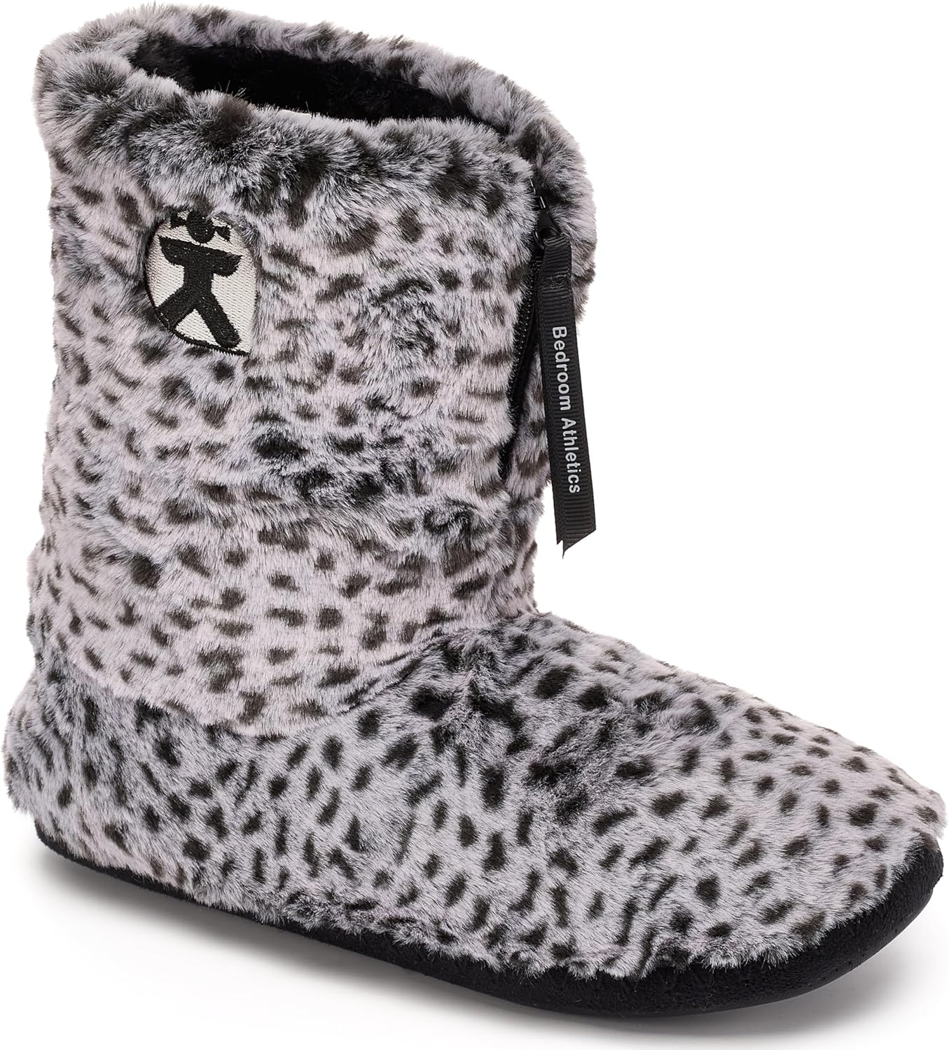 Bedroom Athletics Slipper Boots for Women Indoor and Outdoor - Warm Faux Fur Memory Foam House Slippers, Non-Slip Outsole, Machine Washable, Zip Up - Charcoal Leopard Slippers - Sabor