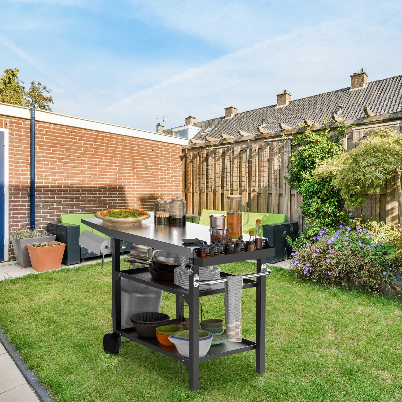 onlyfire Grillwagen 120cm mit Edelstahl Arbeitsplatte, Outdoor Grilltisch 3-Etagen für Pizzaofen und Gasgrill, Rollen und Servierwagen mit Gewürzbox, BBQ-Tisch, Outdoor Grill Trolley