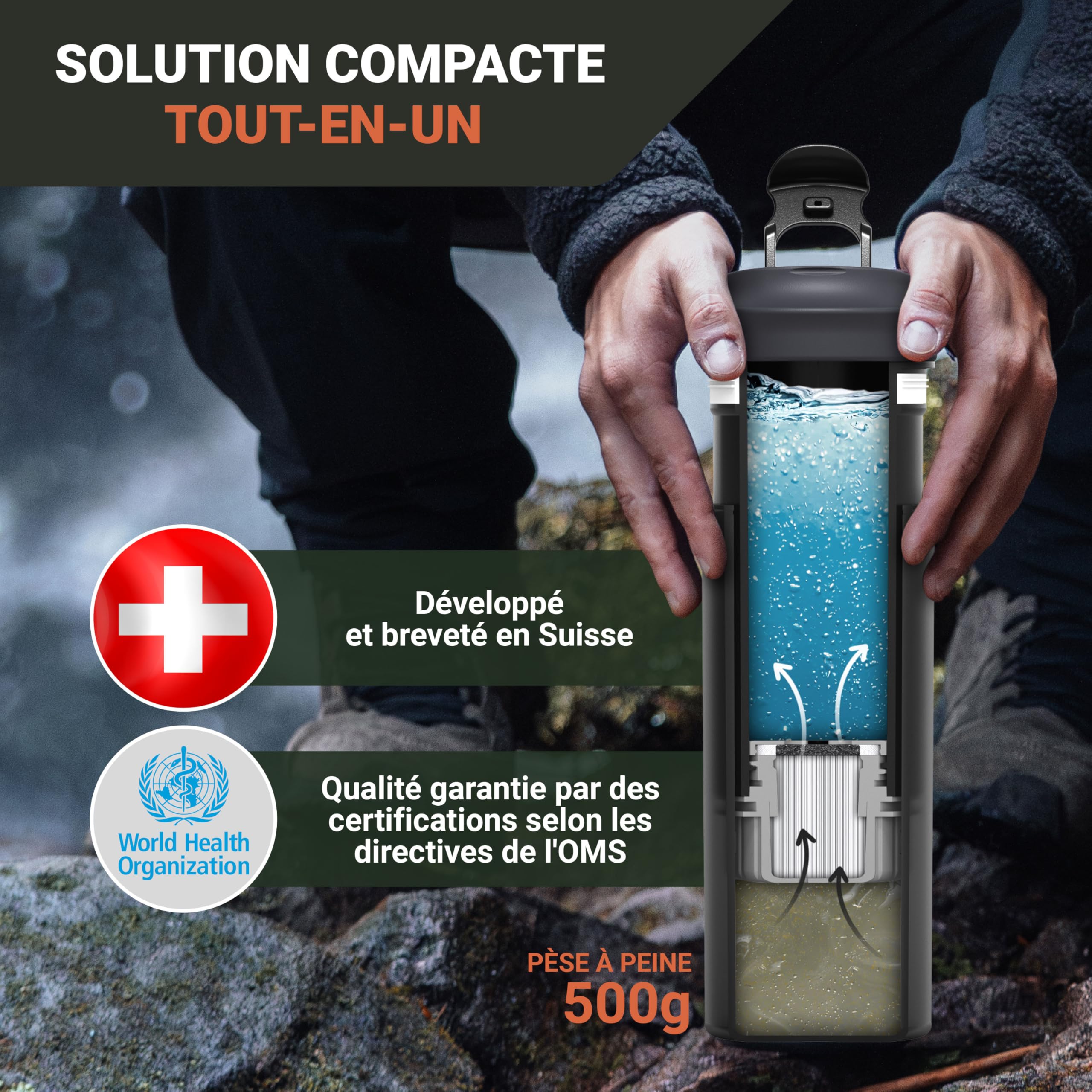 Bachgold Gourde filtrante eau non potable XL 800 ml capacité filtration 2000 L élimine 99,99% bactéries virus particules métaux lourds