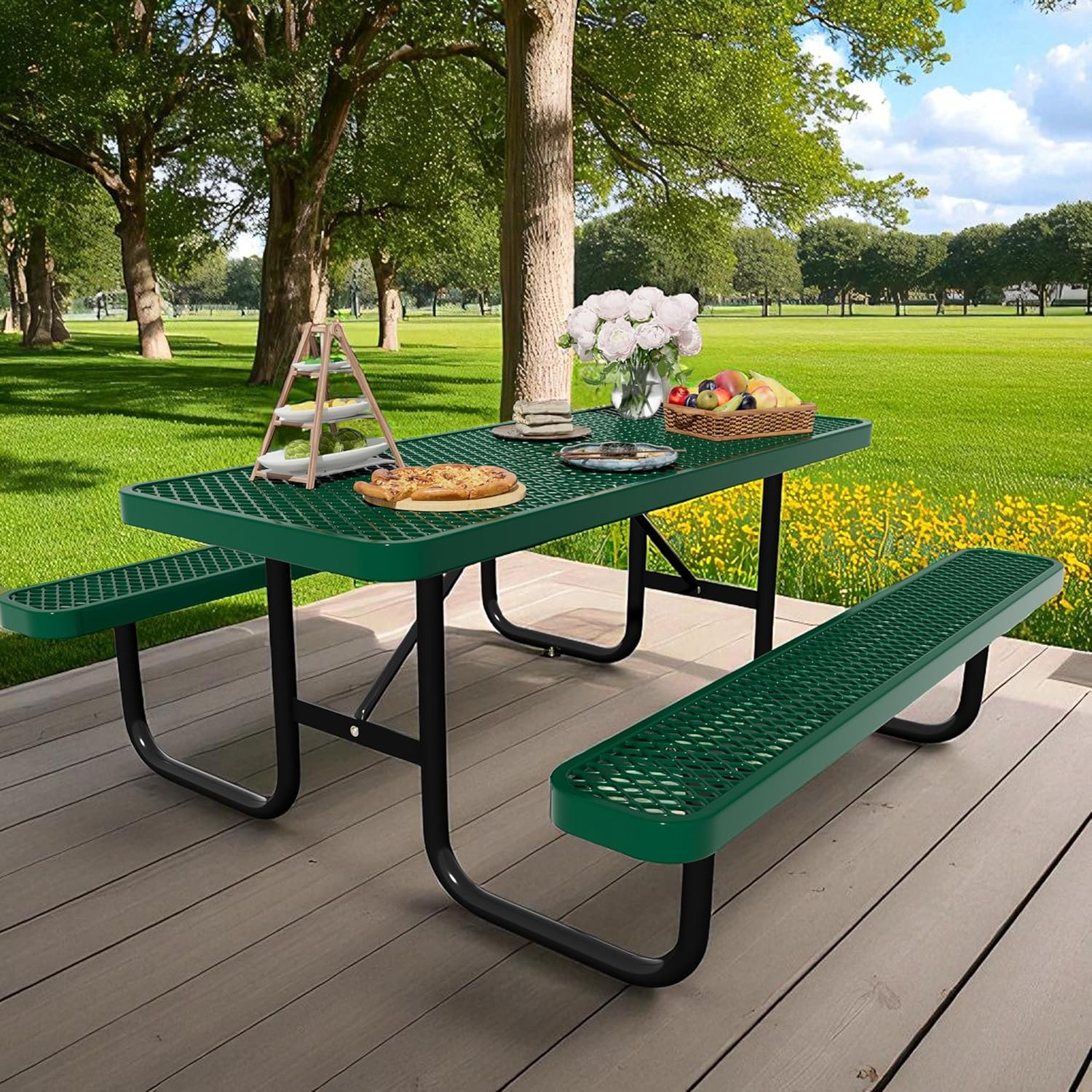 6 FT Heavy Duty Picnic Table with 2 Benches, Expanded Metal Outdoor Patio Dining Table with Umbrealla Hole Commercial Picnic Table,Rectangular Table Furniture Set for Garden, Lawn, Parks