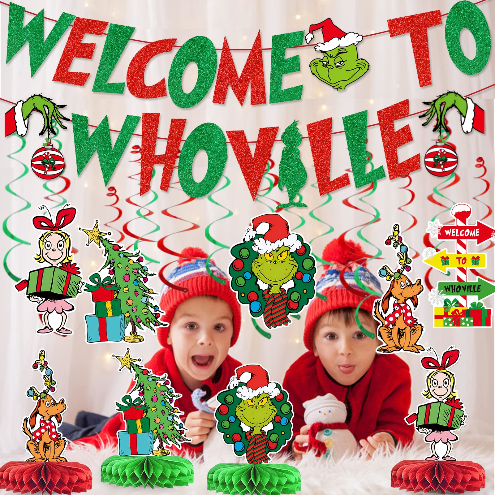 Whoville Christmas Banner & Garland Set - Glittery Grinch Decorations For Holiday Decor