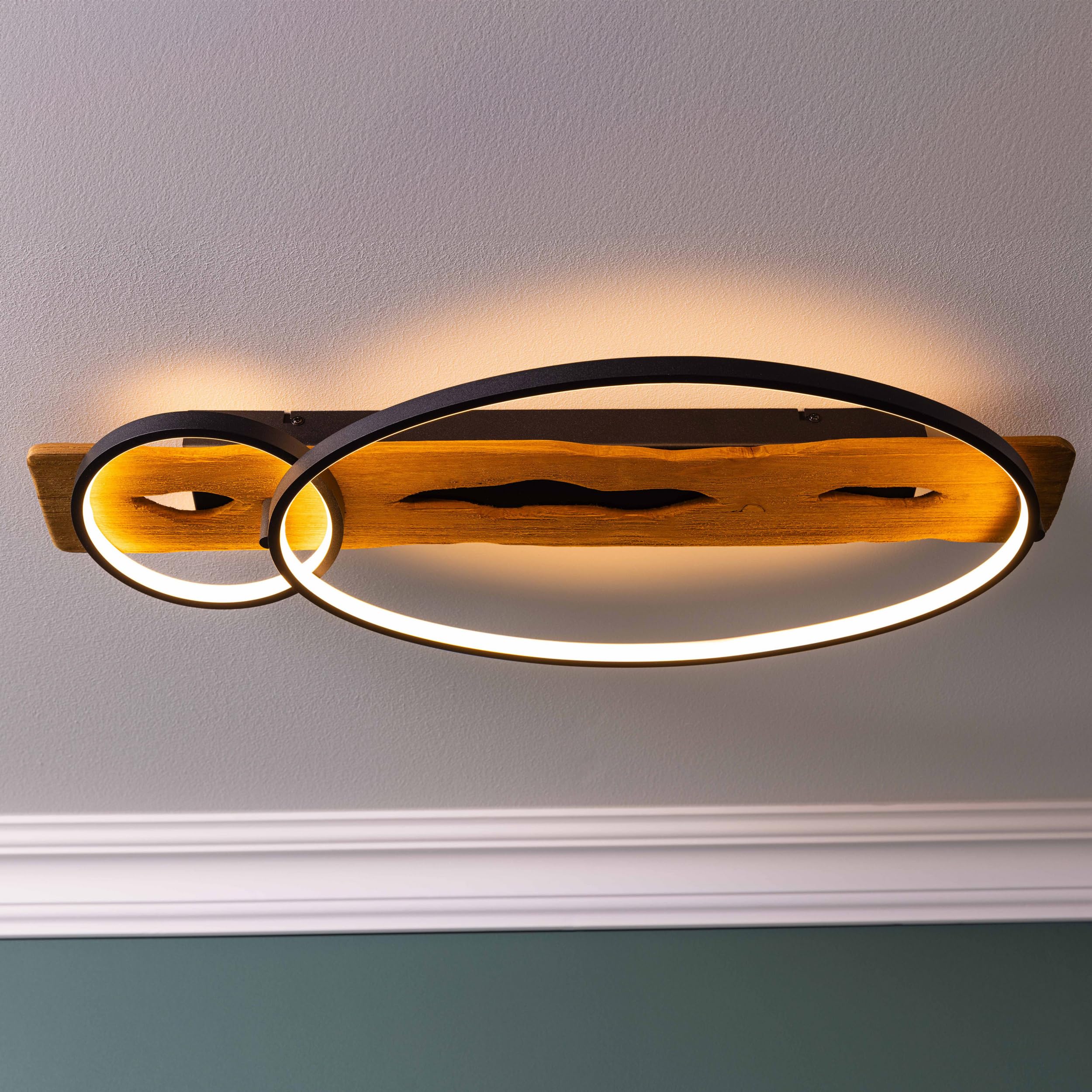 Lightbox moderna lampada da soffitto a LED in stile naturale - plafoniera con dimmer a 3 livelli e 2 anelli LED su trave di legno - 70 x 30 cm - 3300 lm, 3000 K - in legno di pino/metallo in
