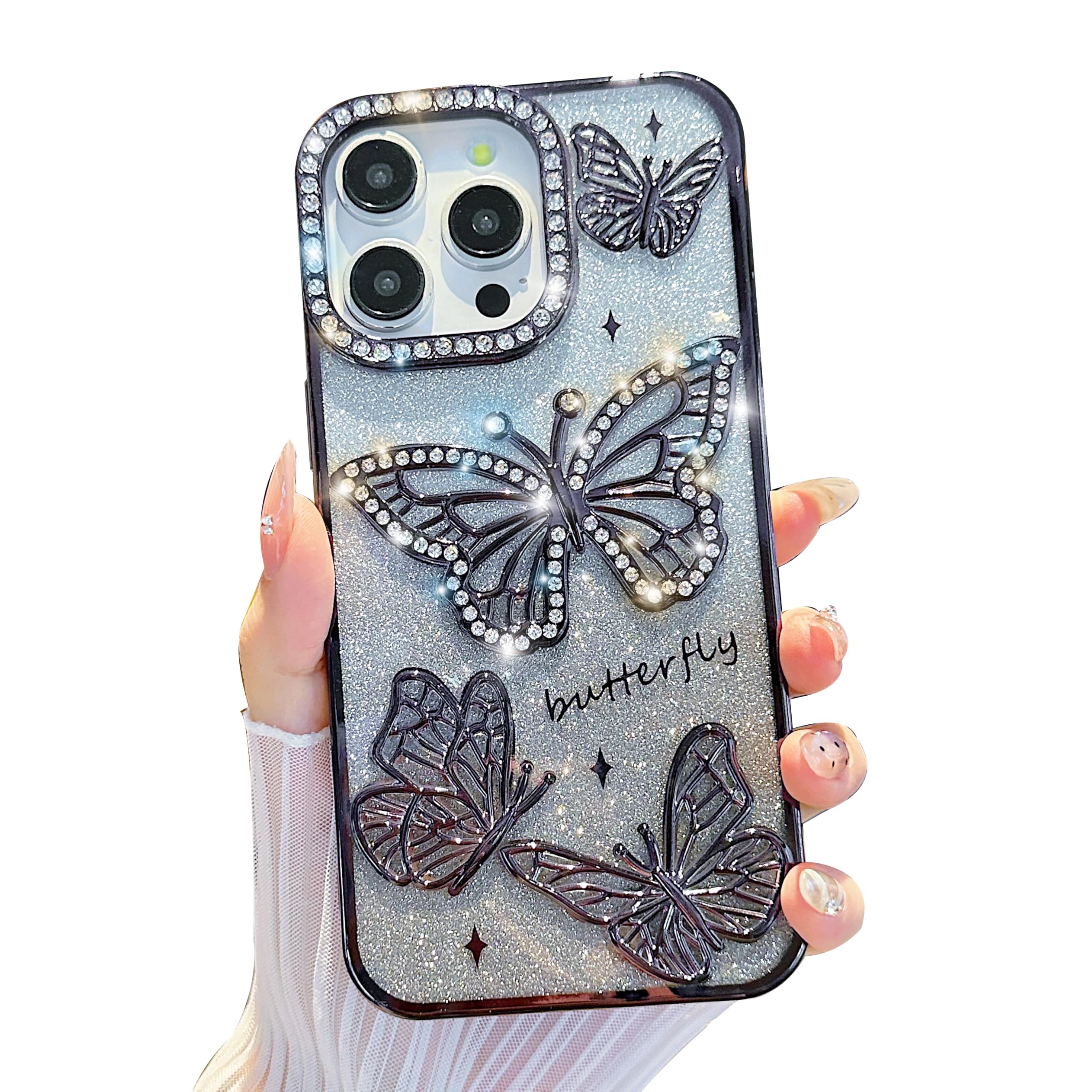 iFiLOVE for iPhone 14 Plus/15 Plus Bling Butterfly Case, Cute Luxury Sparkle Glitter Diamond Crystal Rhinestone Protective Case Cover for Girls Women