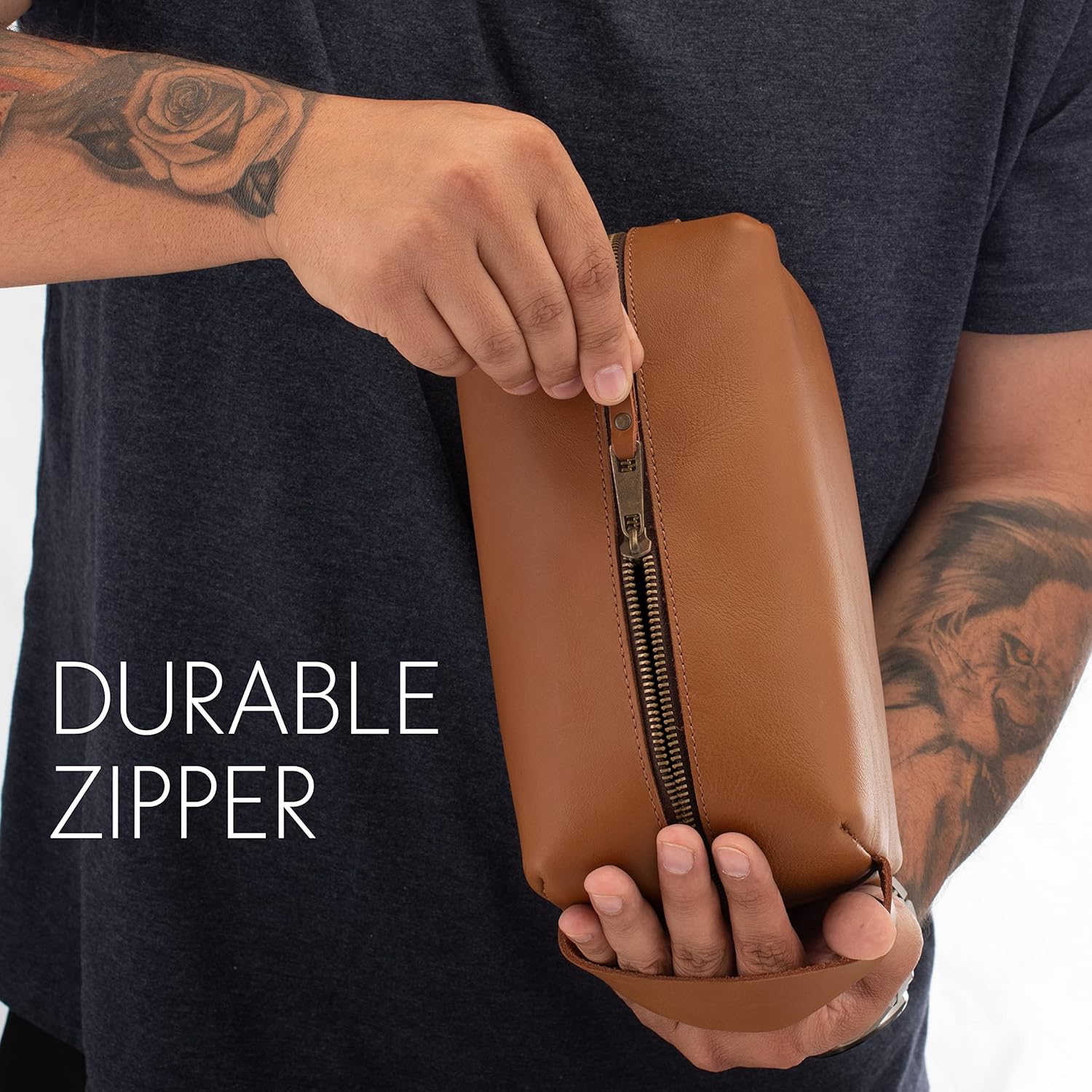 Toiletry Bag for Men, Genuine Leather Toiletry Bag w/ Initials & Names, Groomsmen Gifts for Wedding - Gifts for Dad - Custom Embossed Dopp Kit for Him - Travel Accesories for Men, Black - Medium