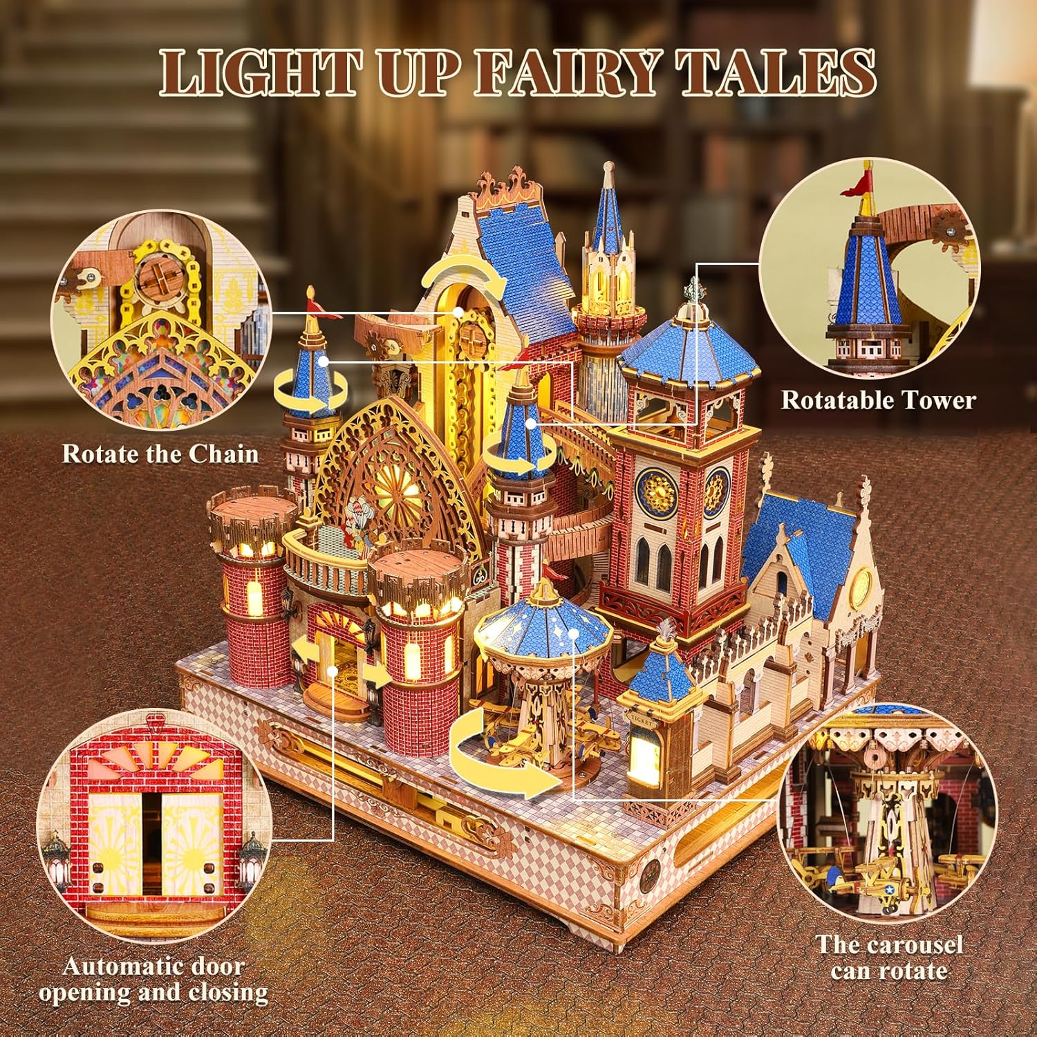 DIY 3D Wooden Puzzles for Adults,Alnwick Castle Miniature House Kit with LED Lights Arts and Crafts for Home Decor Creative Gift for Boys Girls
