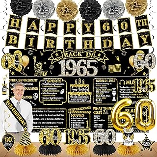 Zirtorei 60th Birthday Decorations for Men, 21pcs Vintage 1965 Banner Party Supplies, Black Gold 60 Year Old Birthday Backdrop, 60 Birthday Honeycomb Centerpiece Hanging Swirls Balloon Sash Gifts
