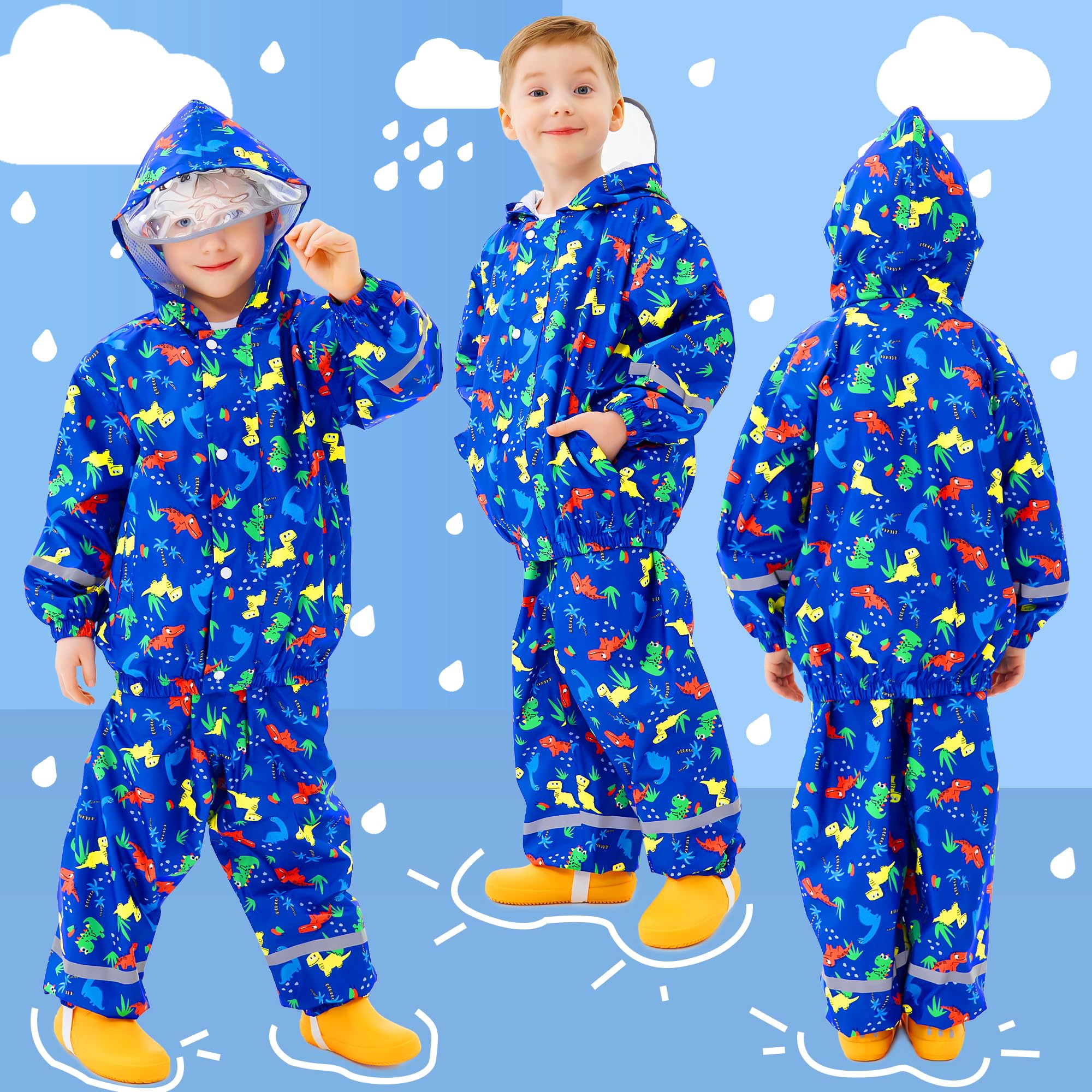 Chubasquero Niño Niña Impermeable con Capucha y Reflectante Ligero Chaqueta Lluvia & Pantalones Traje Estampado Impermeable Traje de Lluvia Reutilizable Abrigos para Infantiles 1-7 años