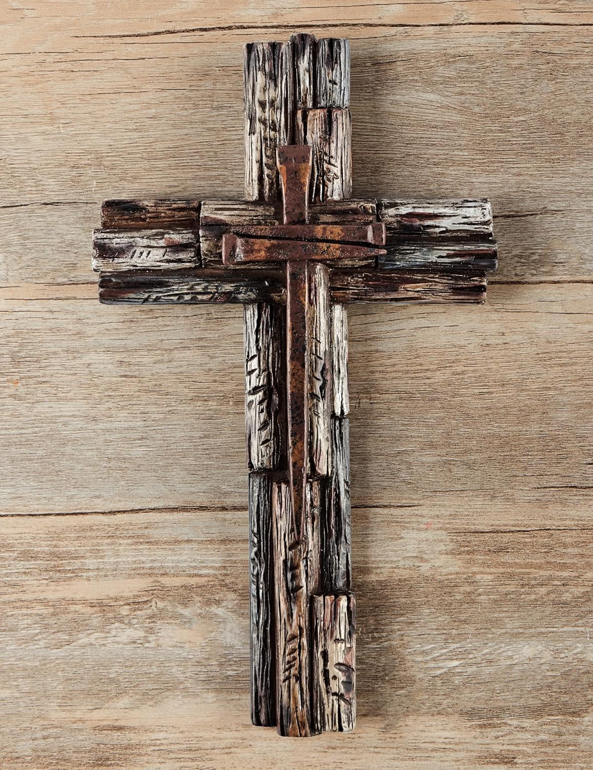 Eagrafts Rustic Decorative Layered Wood Like Resin Wall Cross With Faux Iron Nails, Home Wall Decor