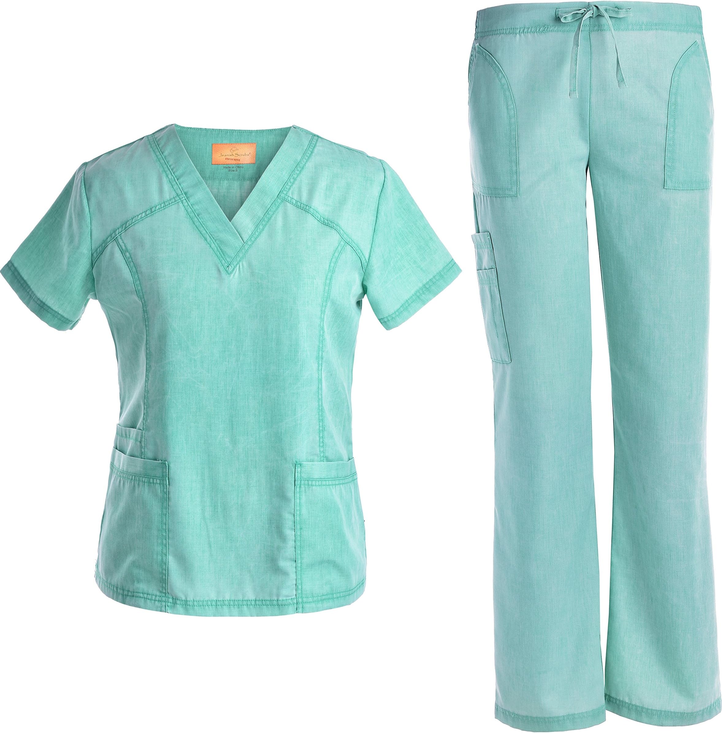 Jeanish V Neck Scrubs Set Superior Softness Washed Lady Women Scrubs Workwear Top and Pants JS1605