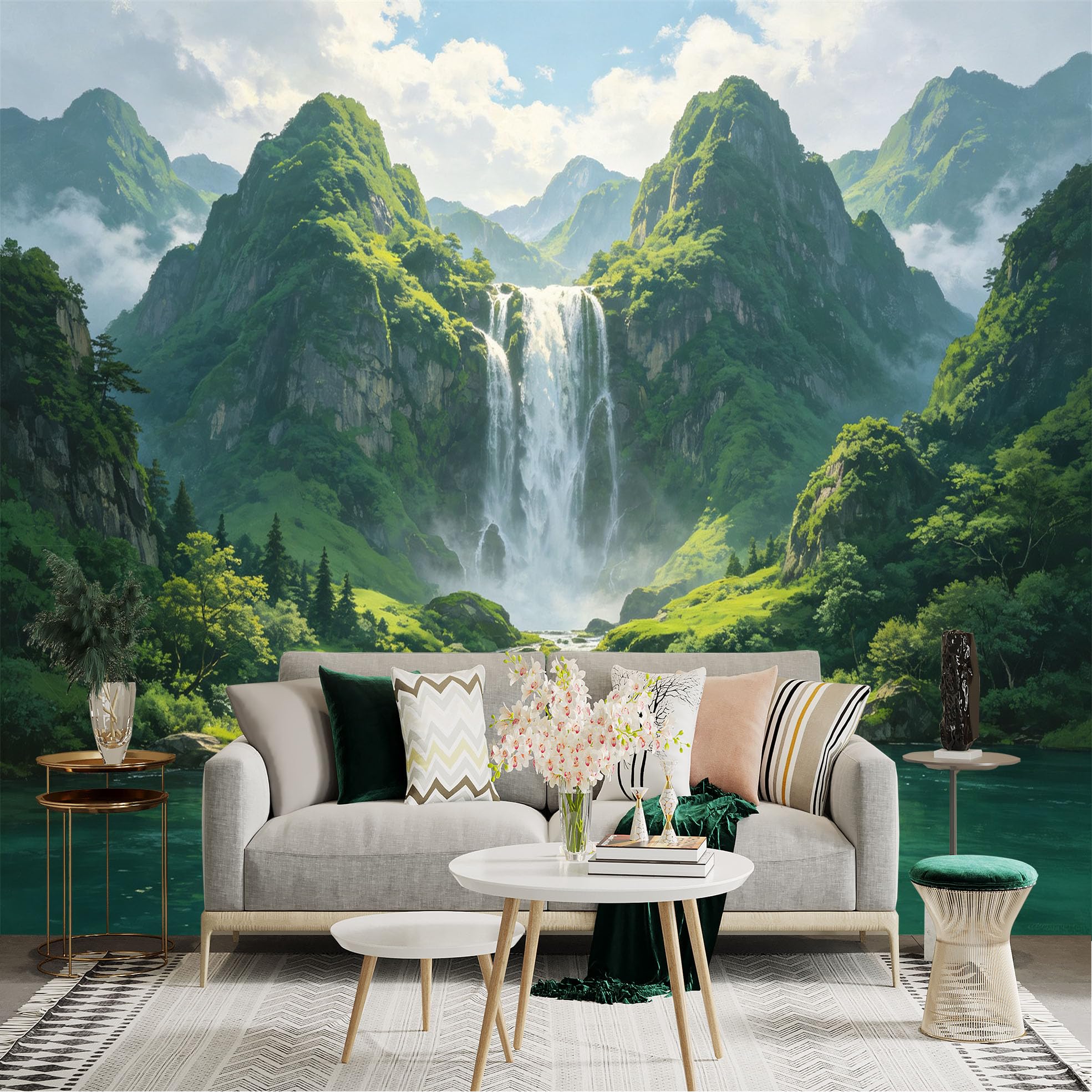 Custom Size Wall Sticker Mural， Majestic Waterfall in Lush Green Mountains， Tropical Nature Landscape， Serene River View， for wall Decoration， peelandstick wall Decals.