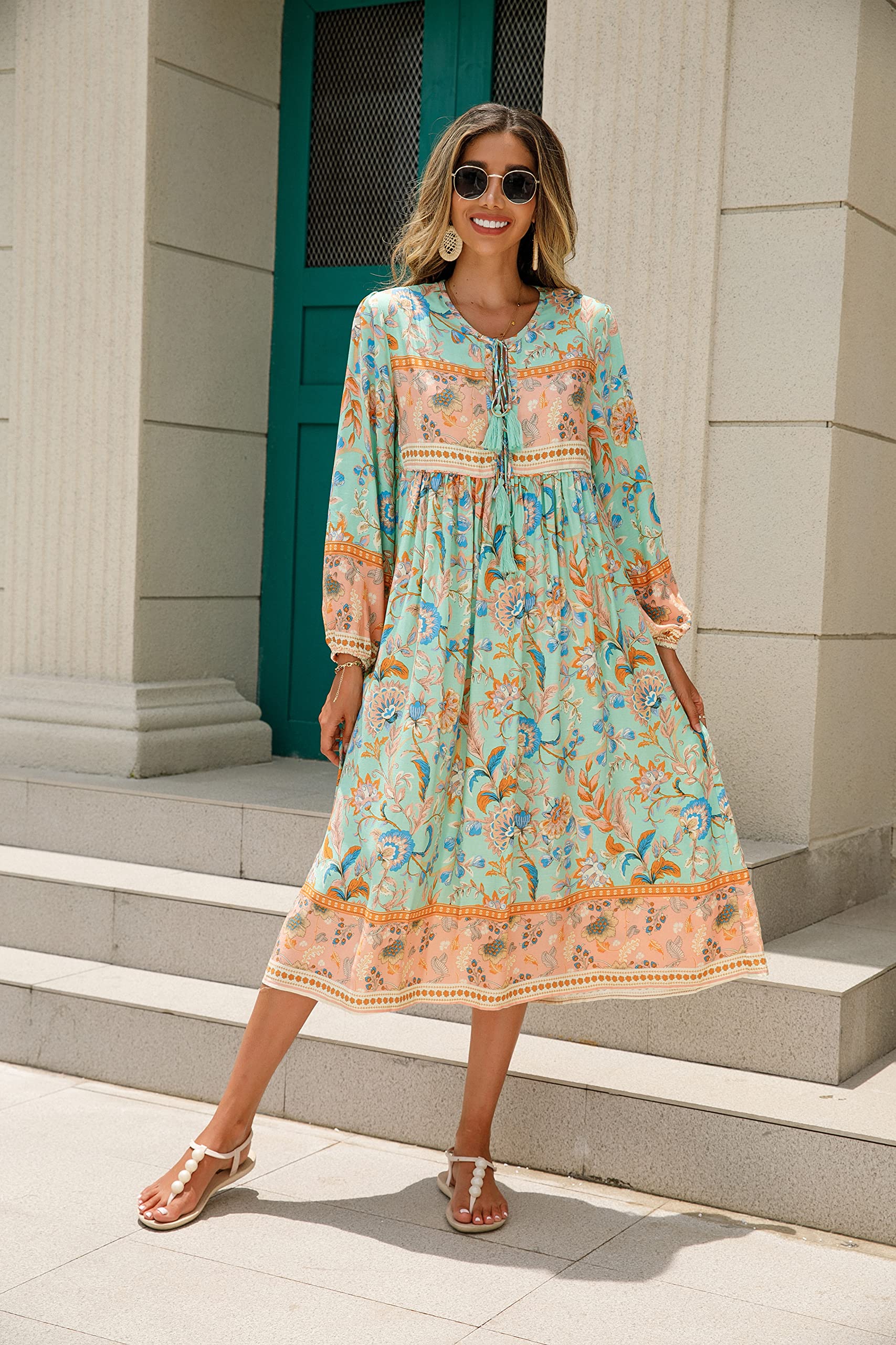 R.Vivimos Damen Beiläufig Bohemien Drucken Krawatte Langarm Strand Stil Lang Midi Urlaub Kleid
