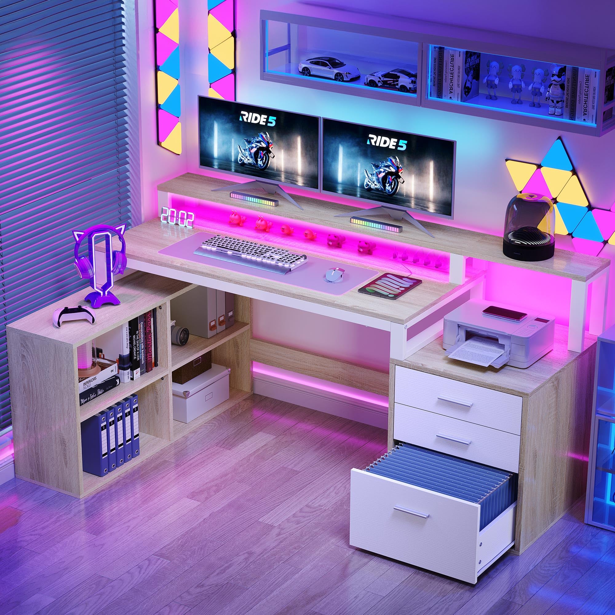 YITAHOME L Shaped Desk with 3 Drawers, 65" Corner Computer Desk with Power Outlets & LED Lights, L-Shaped Desk with File Cabinet & Printer Stand for Home Office, White & Oak