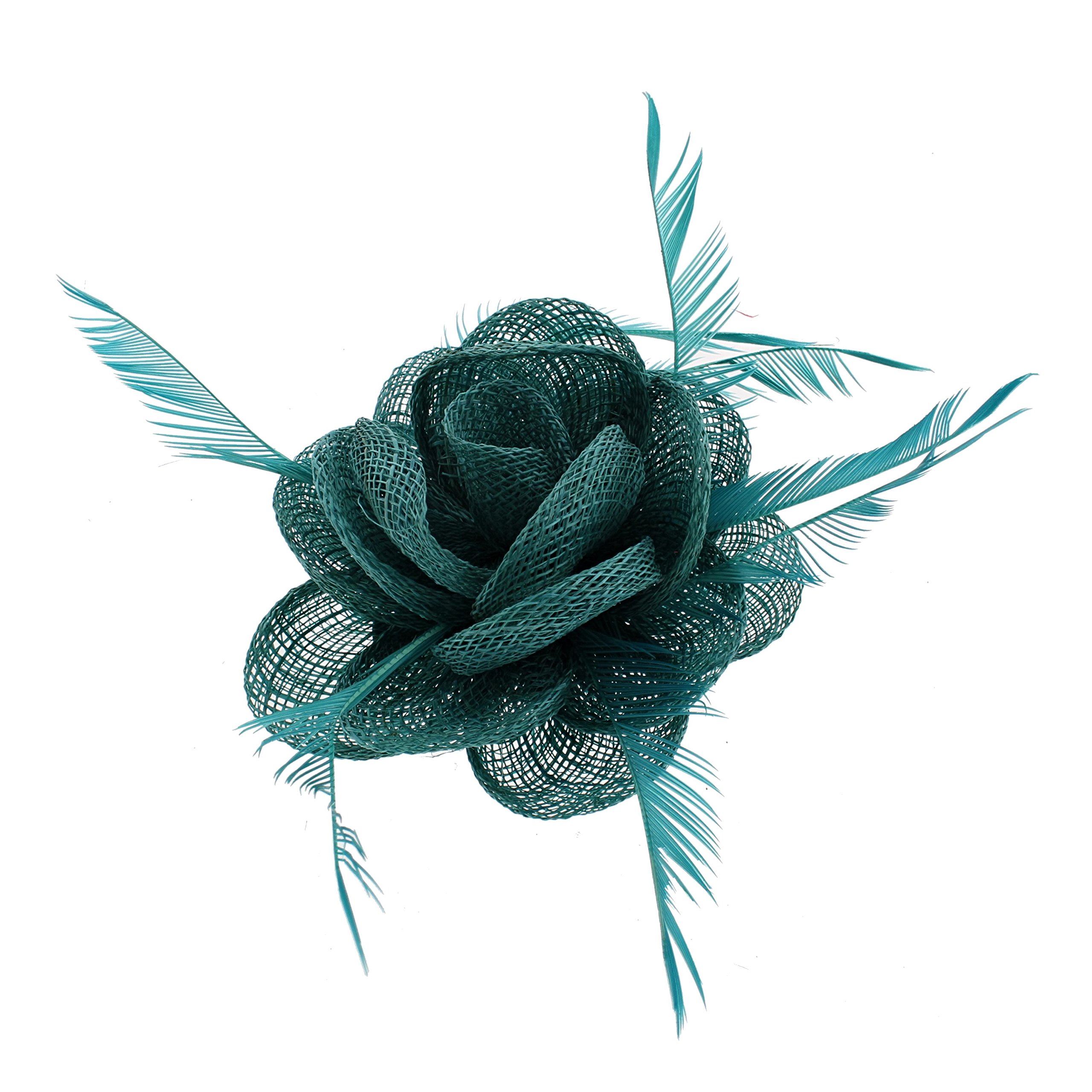 Zac's Alter Ego Teal Rose Net Fascinator with Feathers on Clip & Brooch Pin