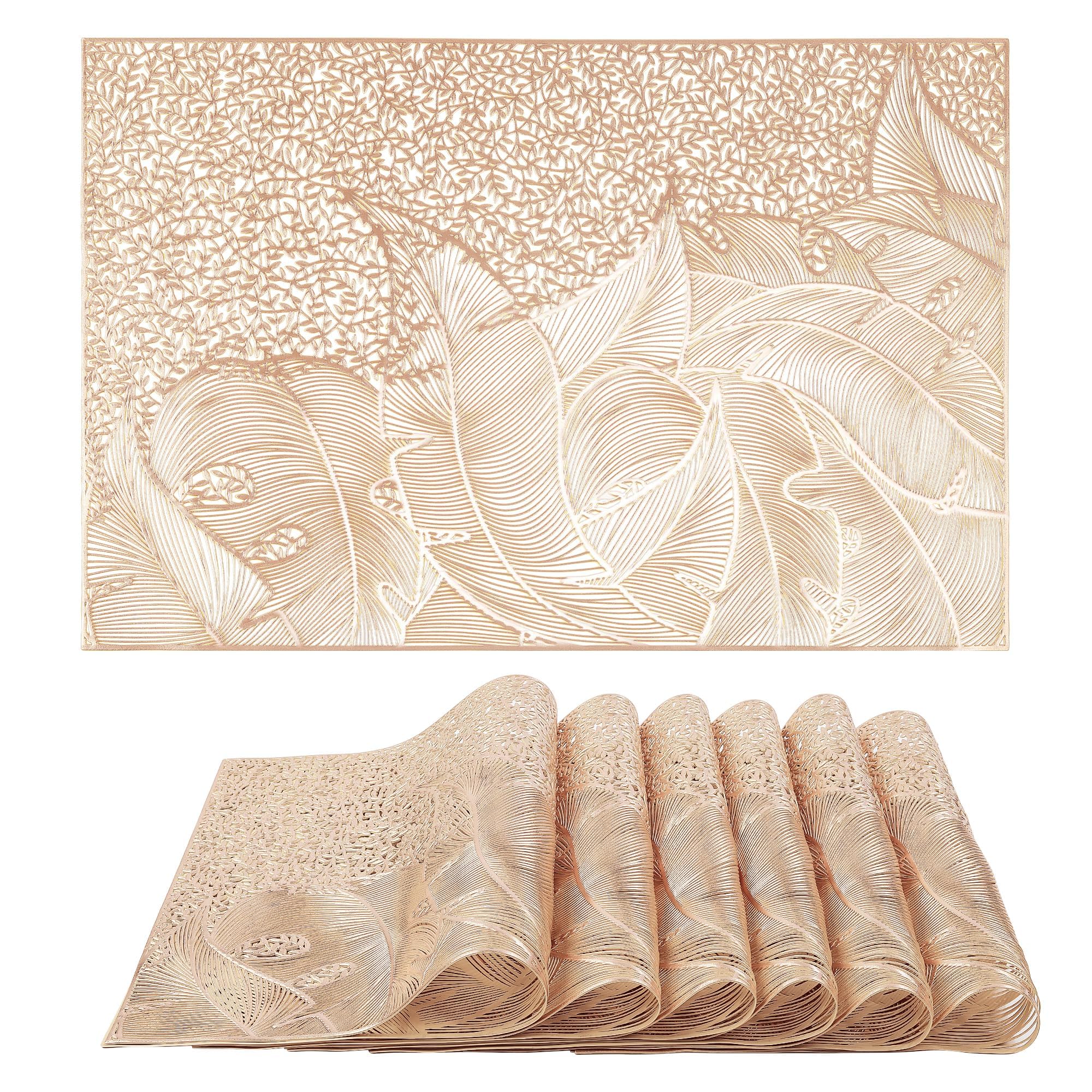 Gold Rectangle Placemats, Pressed Vinyl Leaf Pattern Washable Non-Slip Elegant Dining PVC Table Mats, Easy to Clean, 6 Pcs