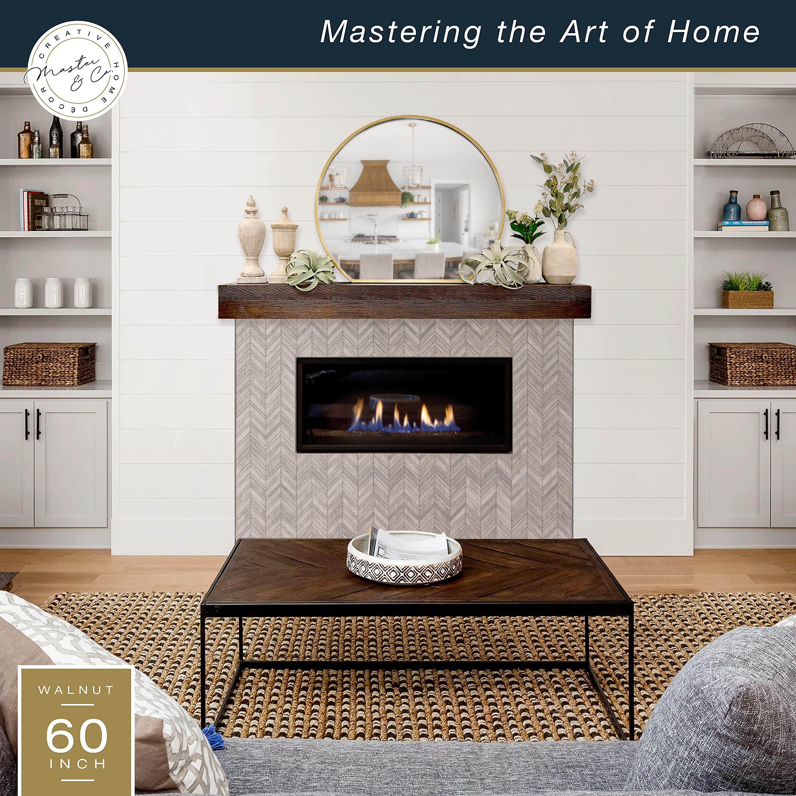 Master and Co. 60 Inch Floating Wood Fireplace Mantel, Walnut