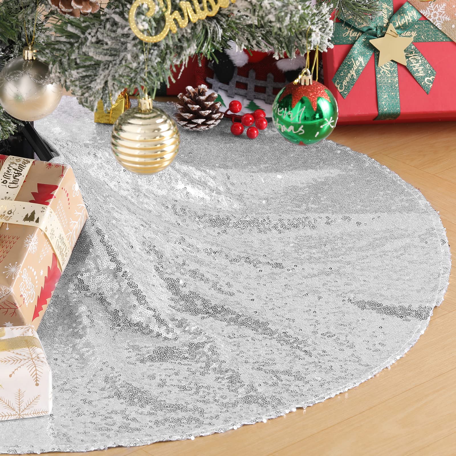 Silver Sequin Tree Skirts 48 Inches Round Sparkly Xmas Tree Skirt Large Tree Mats Glitter Christmas Ornament for Holiday Party Festival Home Decoration