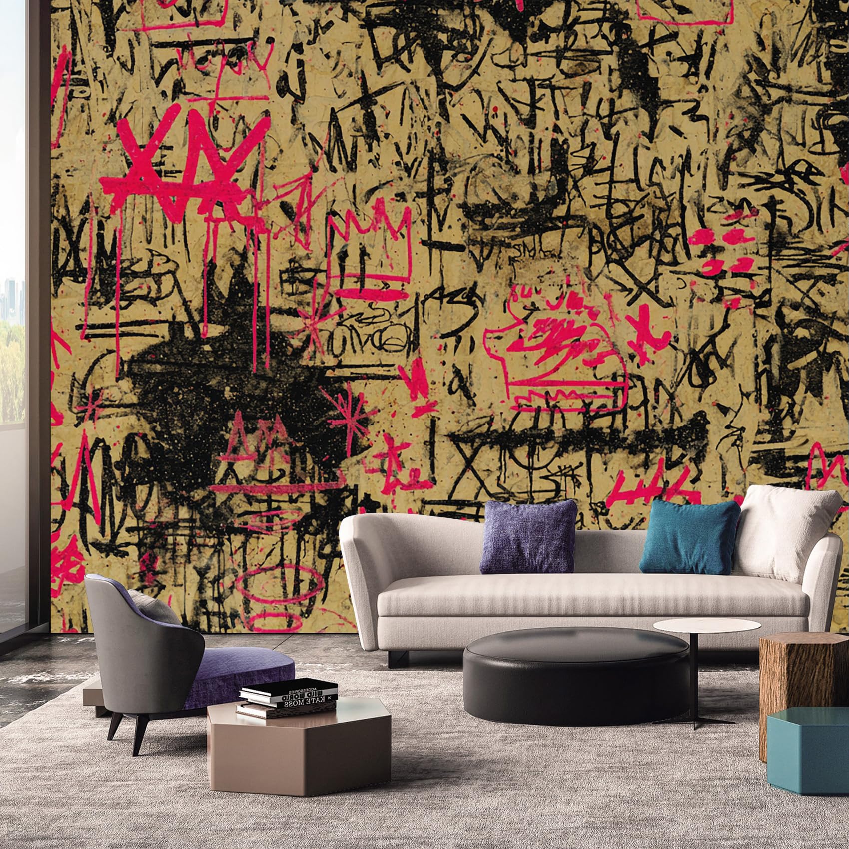 Graffiti Wallpaper, Vintage Abstract Black Red Mural Wallpaper, Graffiti Room Decor Wall Art for Living Room Bedroom Kitchen 390L x 260W cm