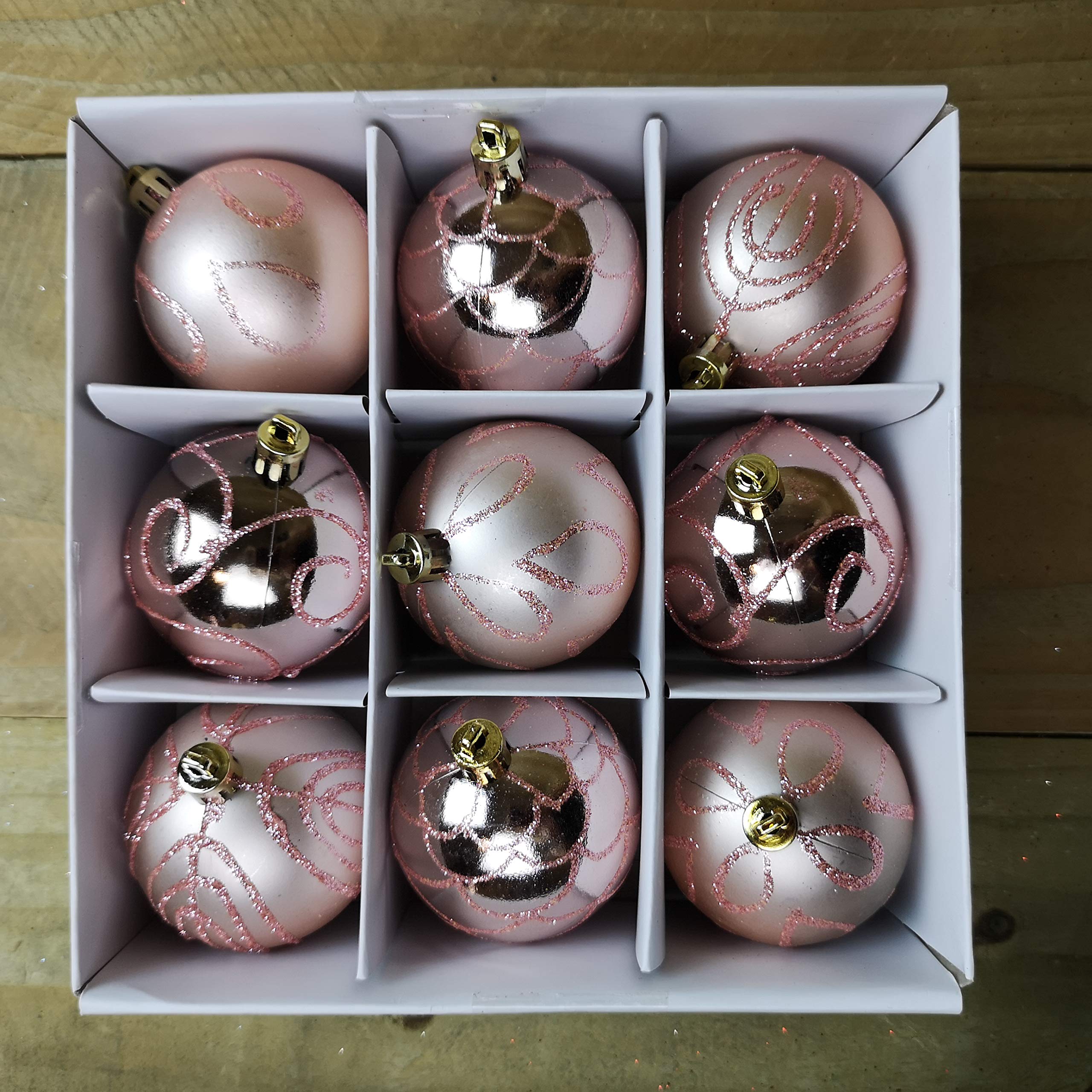 Toyland Pink Pack Of 9 - 5Cm Rose Gold Christmas Tree Baubles - Glitter Swirl Design - Christmas Decorations