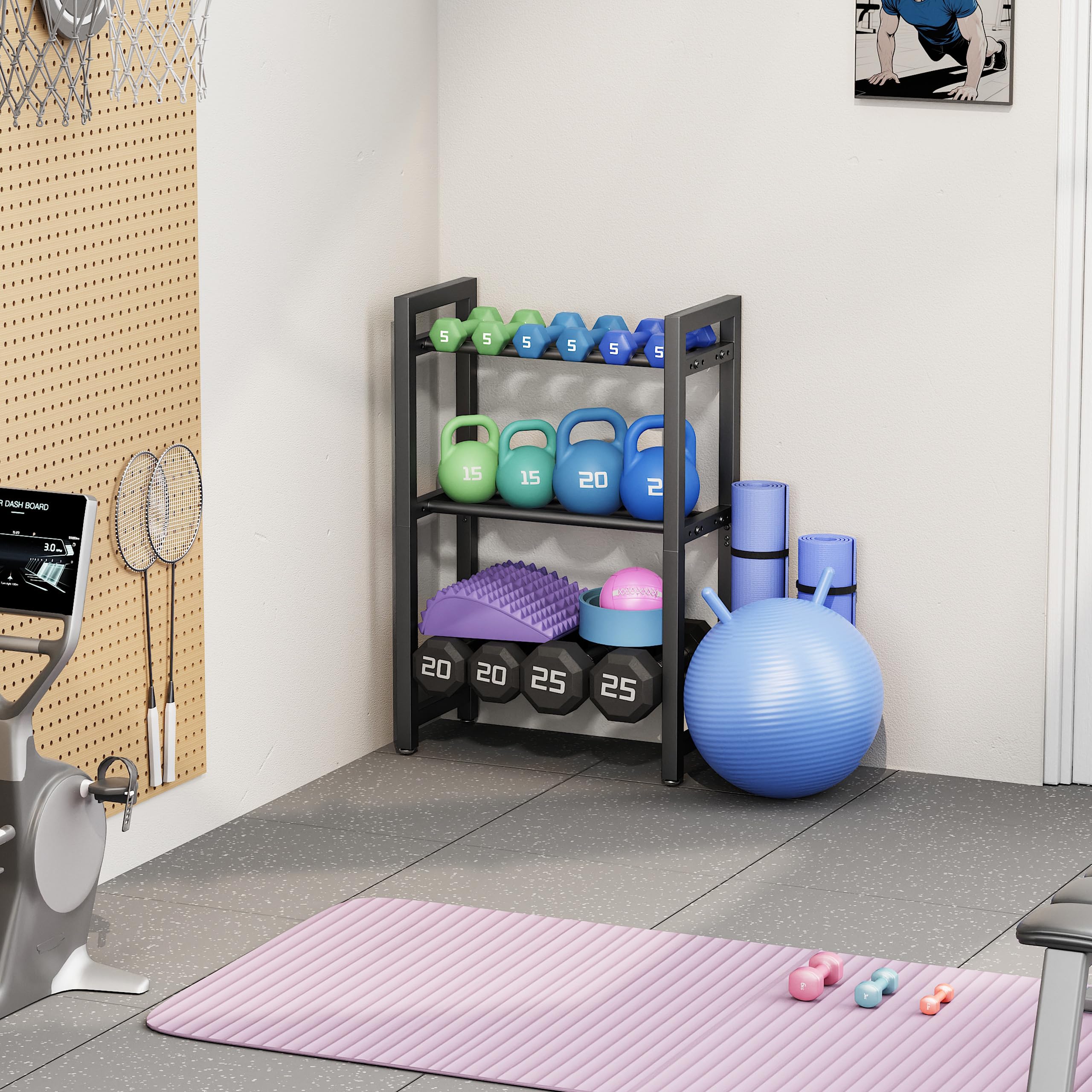 Soporte para Mancuernas de 3 Niveles, Estante de Almacenamiento para Mancuernas y Pesas, Organizador Gimnasio en Casa Acero, Capacidad 100 kg