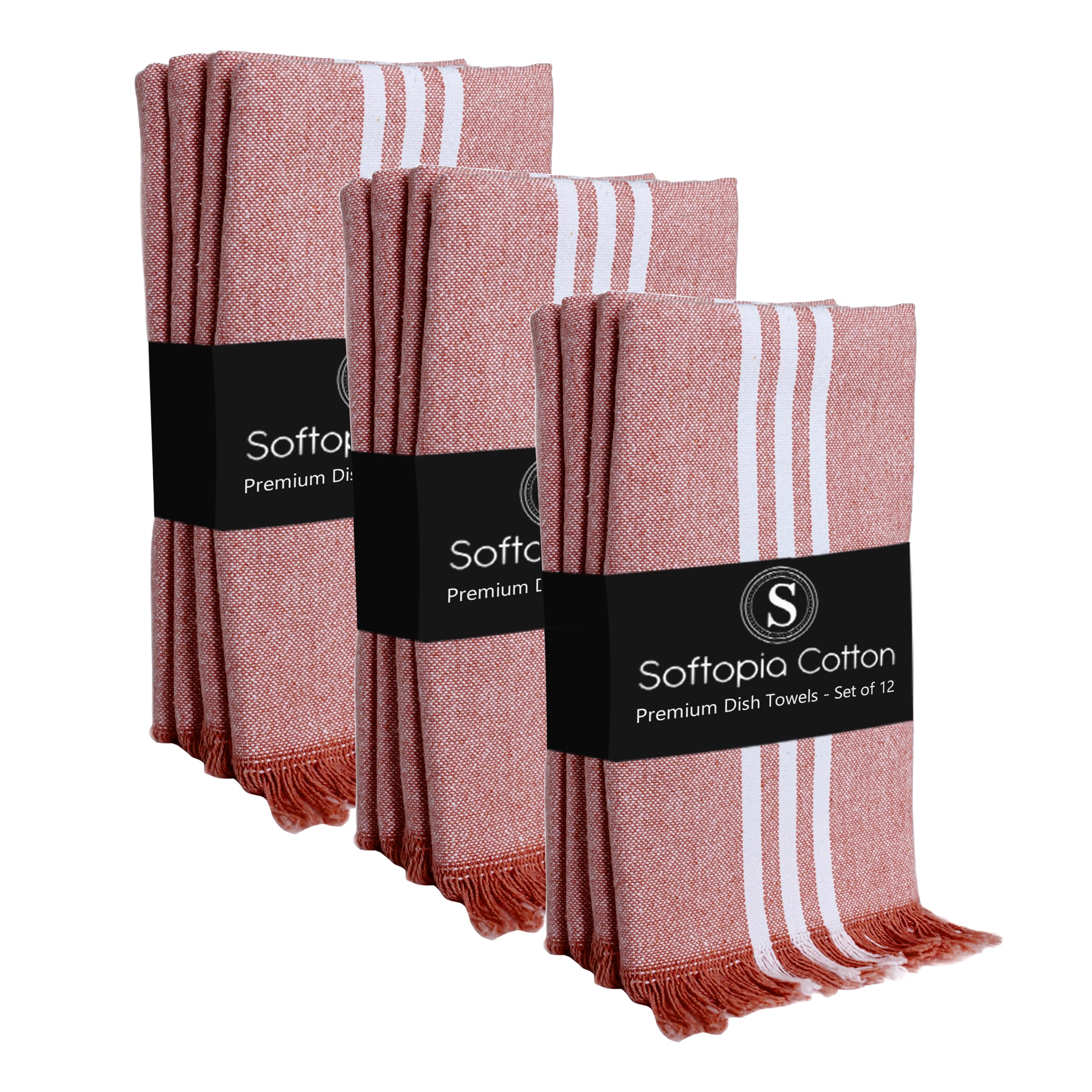 Stripe Kitchen Dish Towels 12 Pack, 16x26 Inches, Quick Drying Cloths, 100% Cotton, Absorbent Wash Rags, Washable and Reusable, Cleaning Towels for Dishes, Everyday Drying Use - Rust