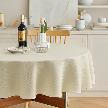 Decorelia Fabric Round Tablecloths 48 inch, Waterproof Decorative Washable Texture Rustic Circle Table Cloth Cover for Dining Kitchen Party Farmhouse OutdoorRound 2-4 Seats, Beige
