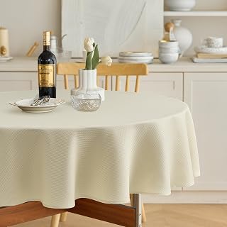 Decorelia 60 Inch Round Fabirc Tablecloths, Water Resistant Circular Table Cloth, Decorative Machine Washable Table Cover for Farmhouse Dining Room Party Wedding(Round (4-6 Seats),Beige)