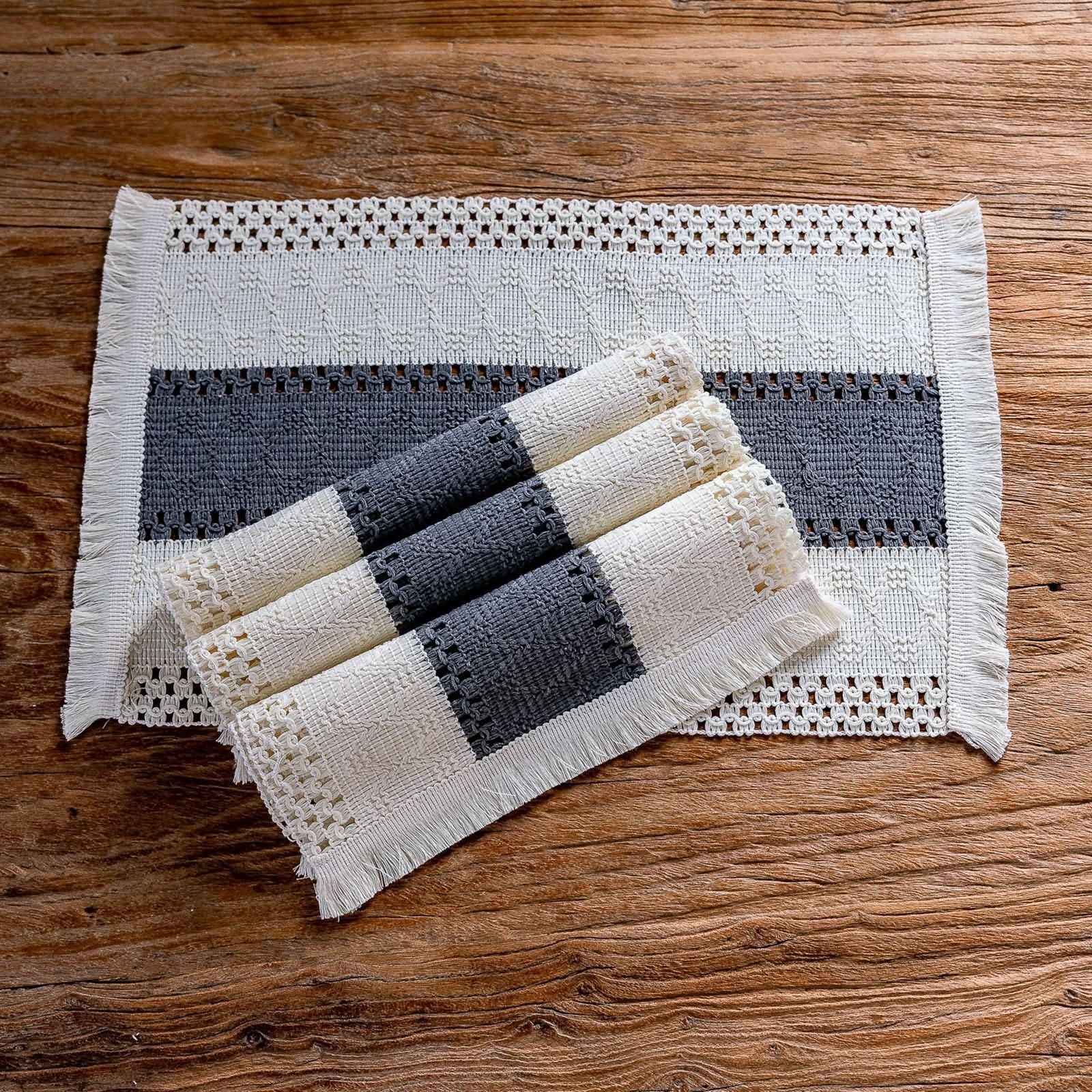 Manteles Individuales 8, 30 x 50 CM Beige Gris Algodón Lino Mantel Individual Mesa, Rectángulo con Rombo Tejido y Borlas
