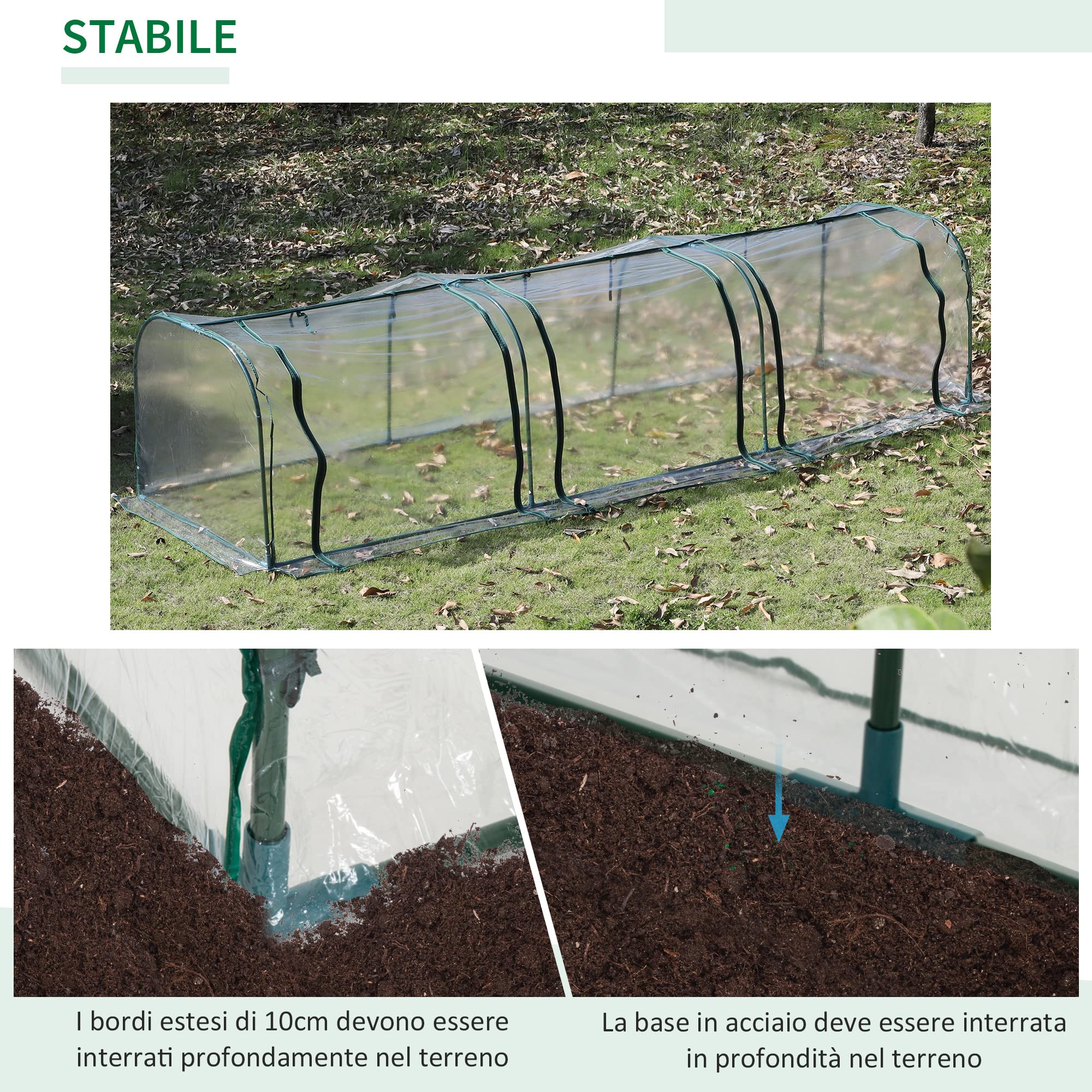 Outsunny Serra da Giardino a Tunnel con 3 Porte Avvolgibili in Acciaio e PVC Trasparente 350 x 100 x 80 cm
