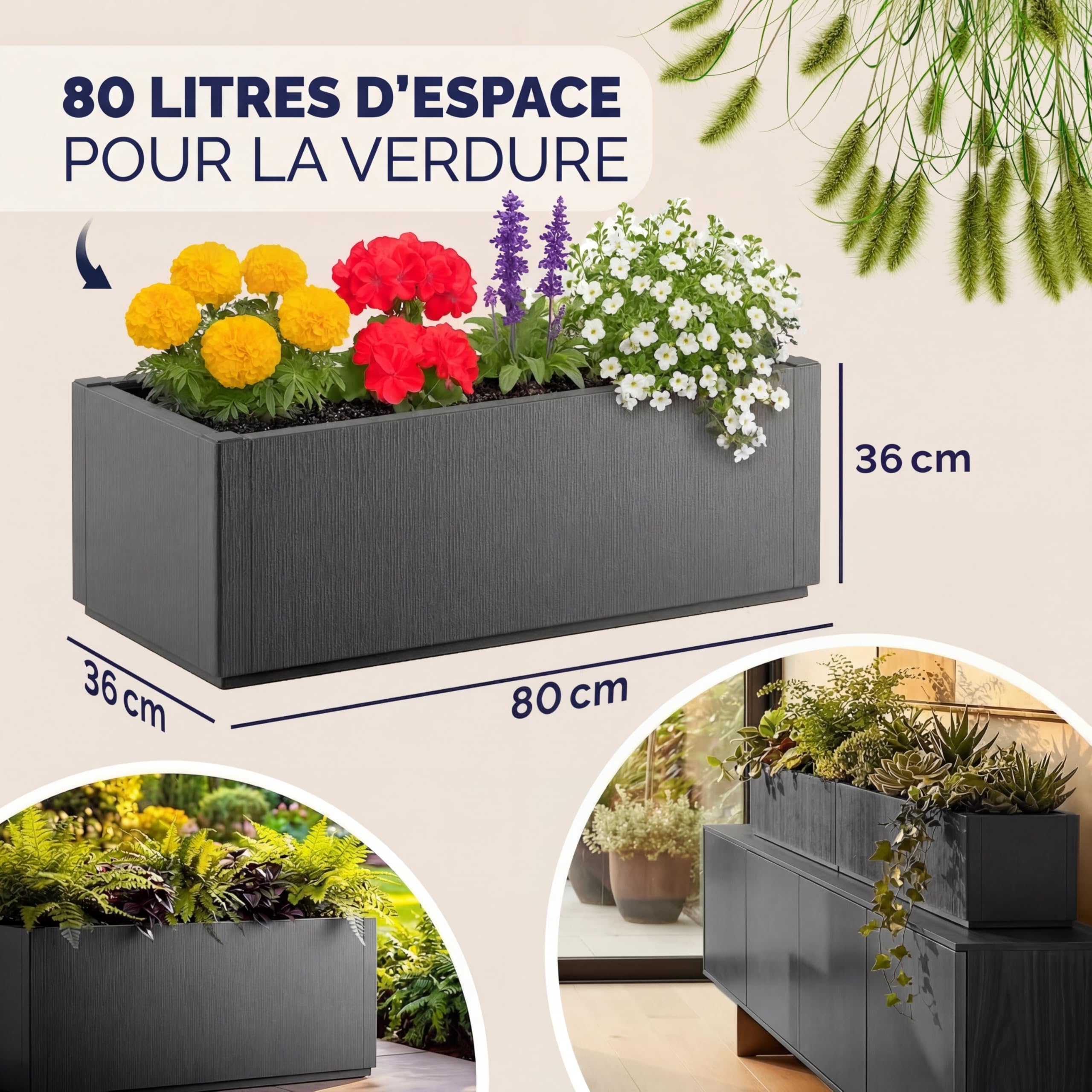Casaria® 2X Jardinière Ethica Anthracite 80x36x36cm 80L résistante Fond d'écoulement Bac à Fleurs Pot de Fleurs Jardin Balcon
